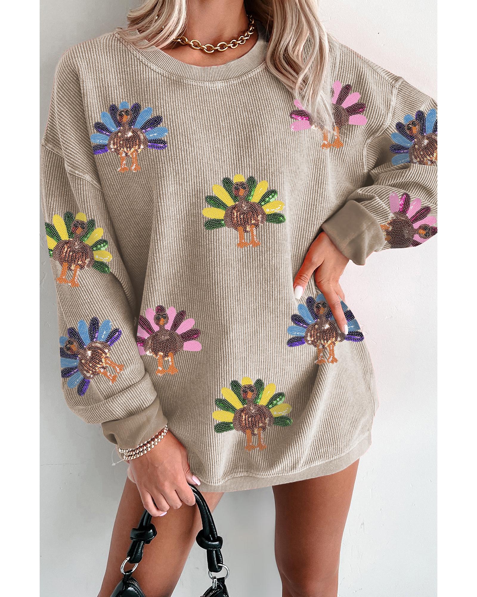 V539-AZEXDC25319008-P7016-2XL-202508281830-00 Smoke Gray Turkey Graphic Corded Baggy Sweatshirt - 2XL - Image 1