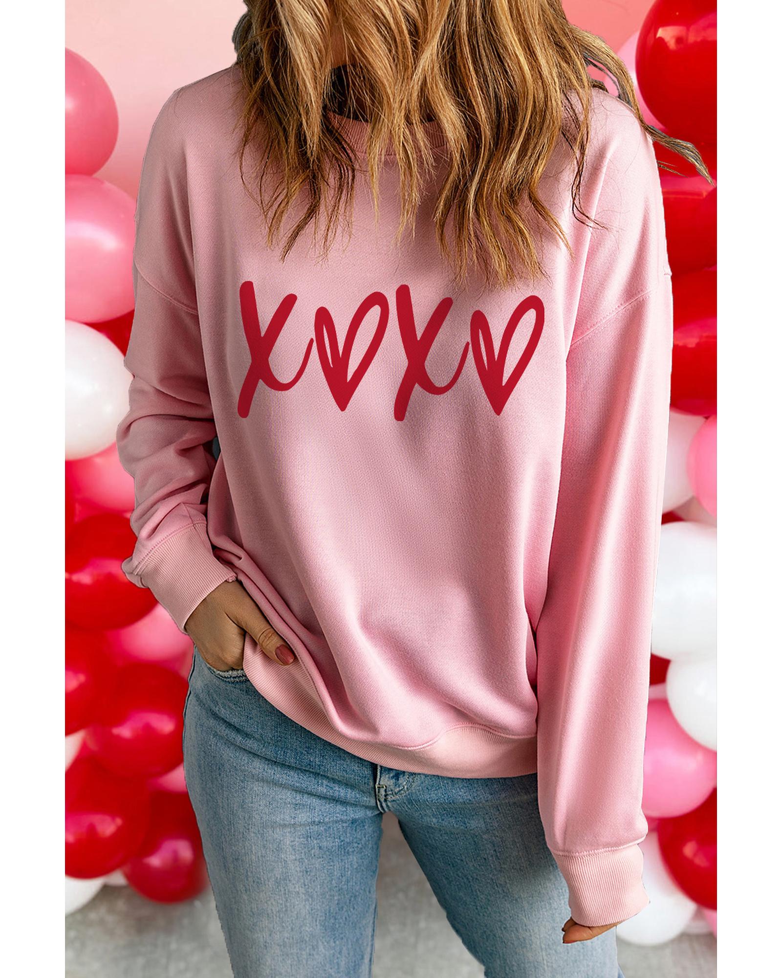 V539-AZEXDC25319155-10-M-202508292340-00 Pink Heart XOXO Graphic Crewneck Drop Shoulder Valentines Sweatshirt - M - Image 1