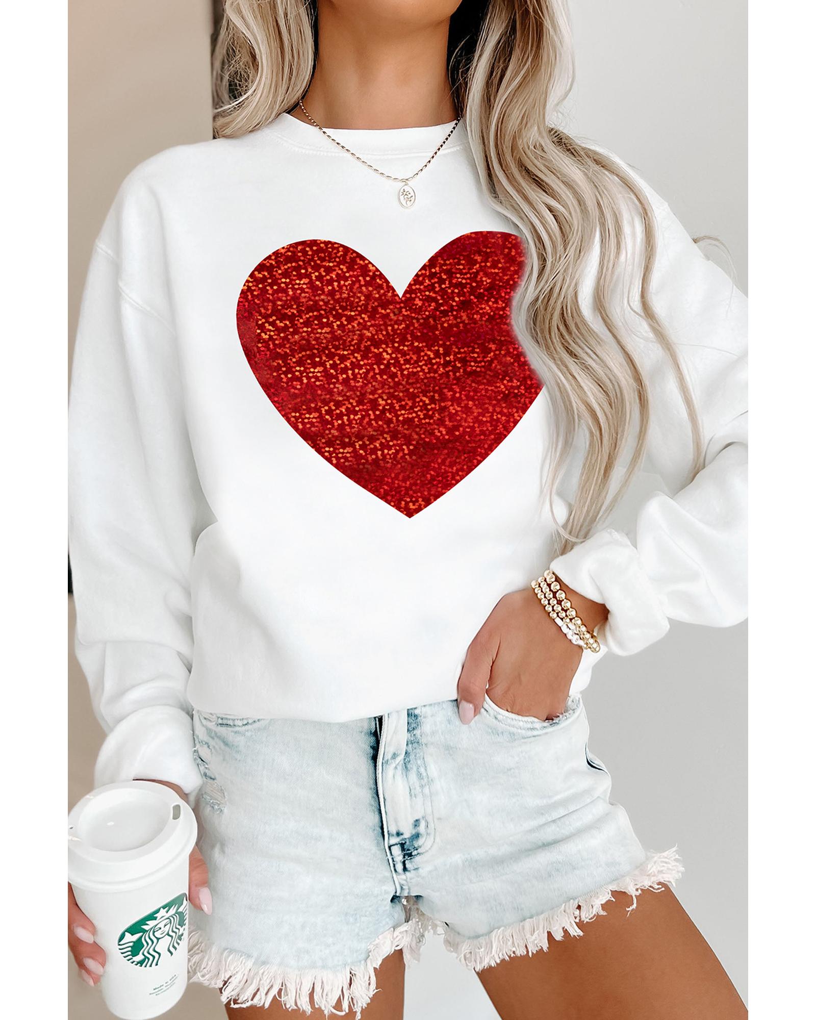 V539-AZEXDC25319160-15-M-202508281035-00 Beige Glitter Valentine Heart Shape Graphic Sweatshirt - M - Image 1