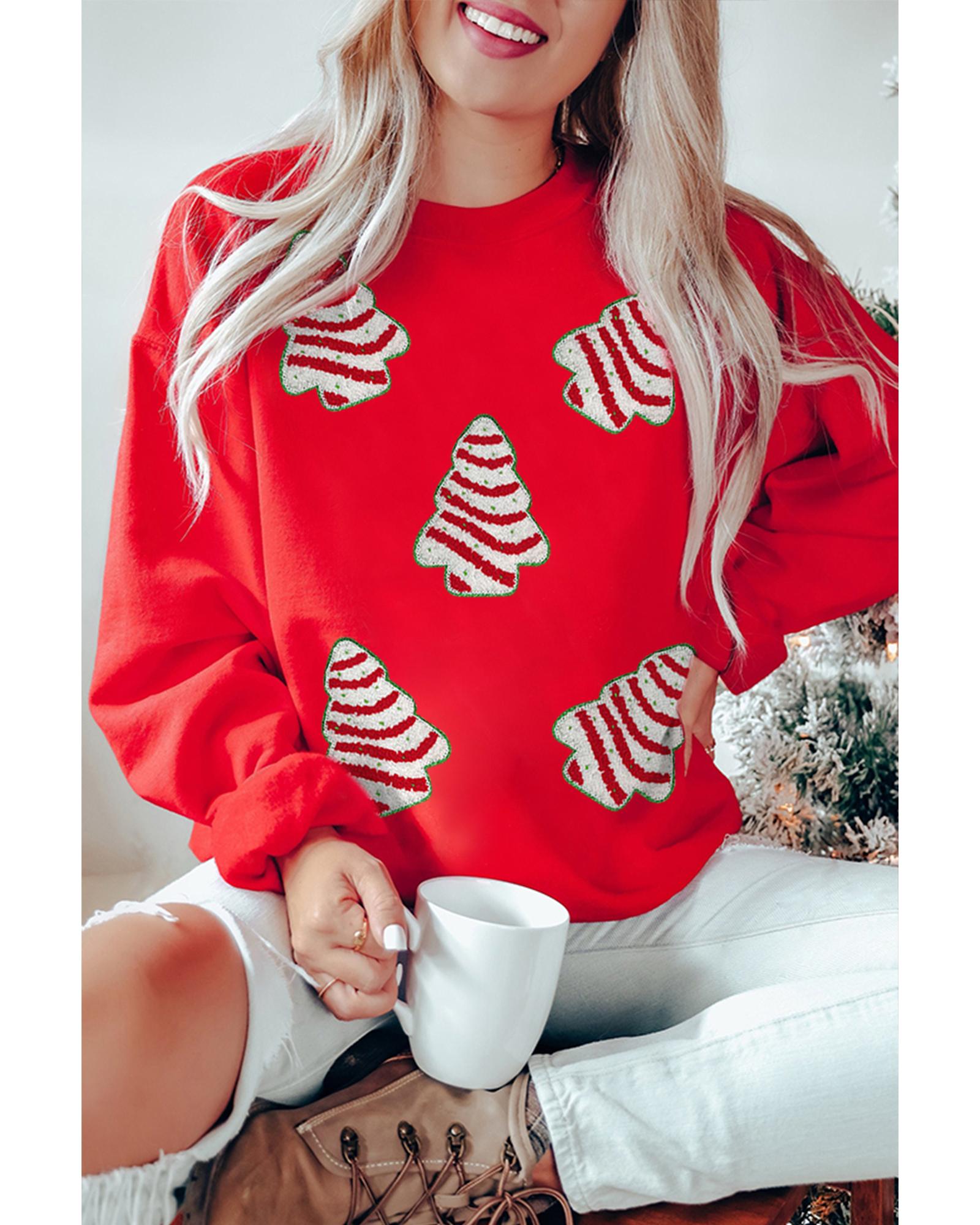 V539-AZEXDC25319213-3-S-202506131105-00 Red Playful Christmas Tree Patched Dropped Shoulder Sweatshirt - S - Image 1