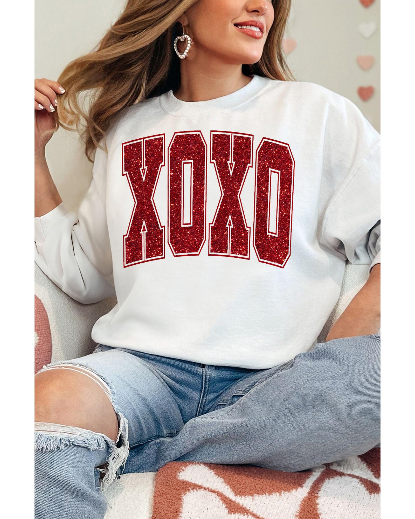 V539-AZEXDC25319275-15-L-202508281600-00 White Glitter XOXO Graphic Crewneck Valentines Pullover Sweatshirt - L - Image 1