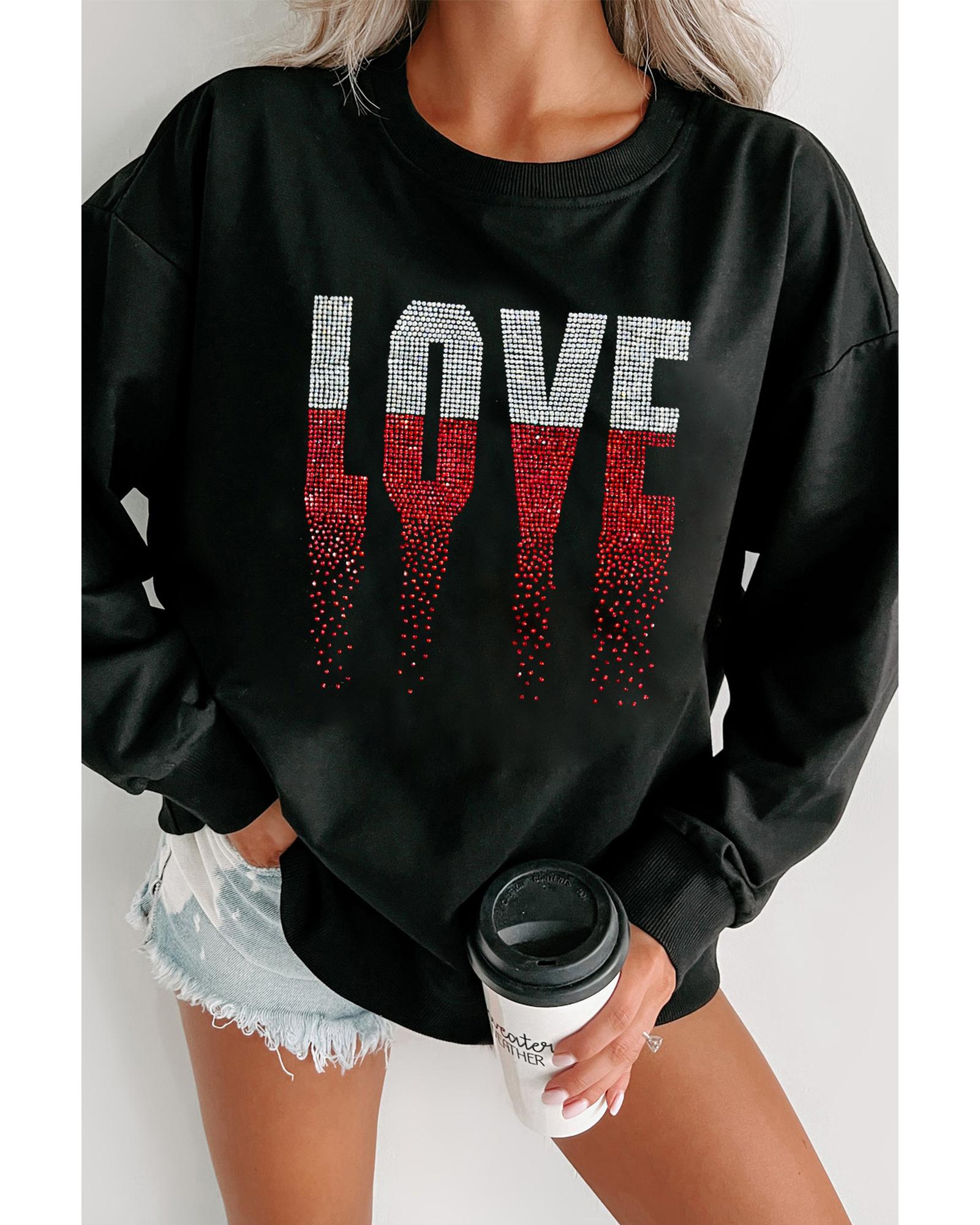 V539-AZEXDC25319303-2-M-202508280125-00 Black Rhinestone LOVE Graphic Crewneck Valentines Sweatshirt - M - Image 1