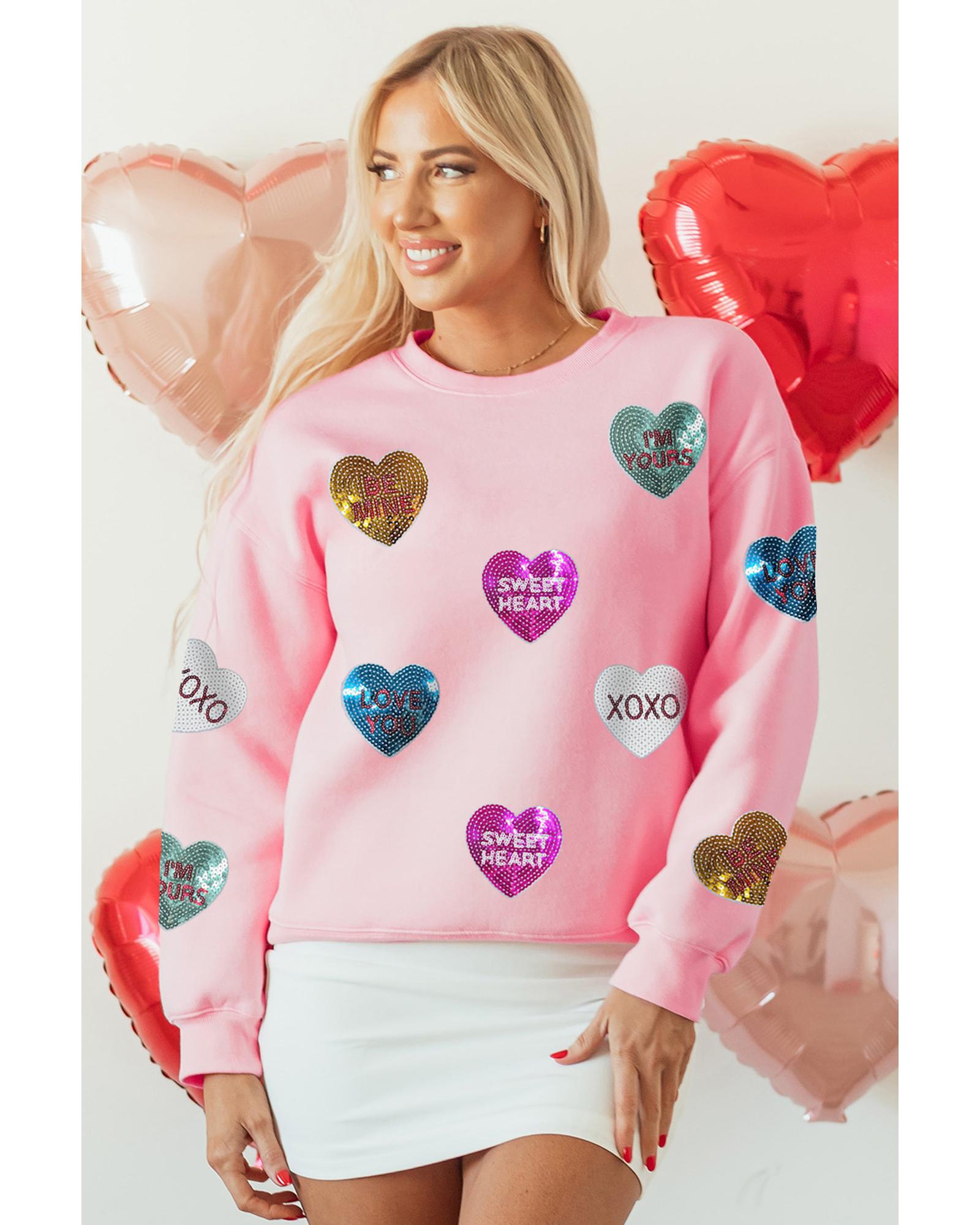 V539-AZEXDC25319306-10-M-202508292330-00 Pink Sequin Romantic Letters Heart Graphic Valentines Sweatshirt - M - Image 1