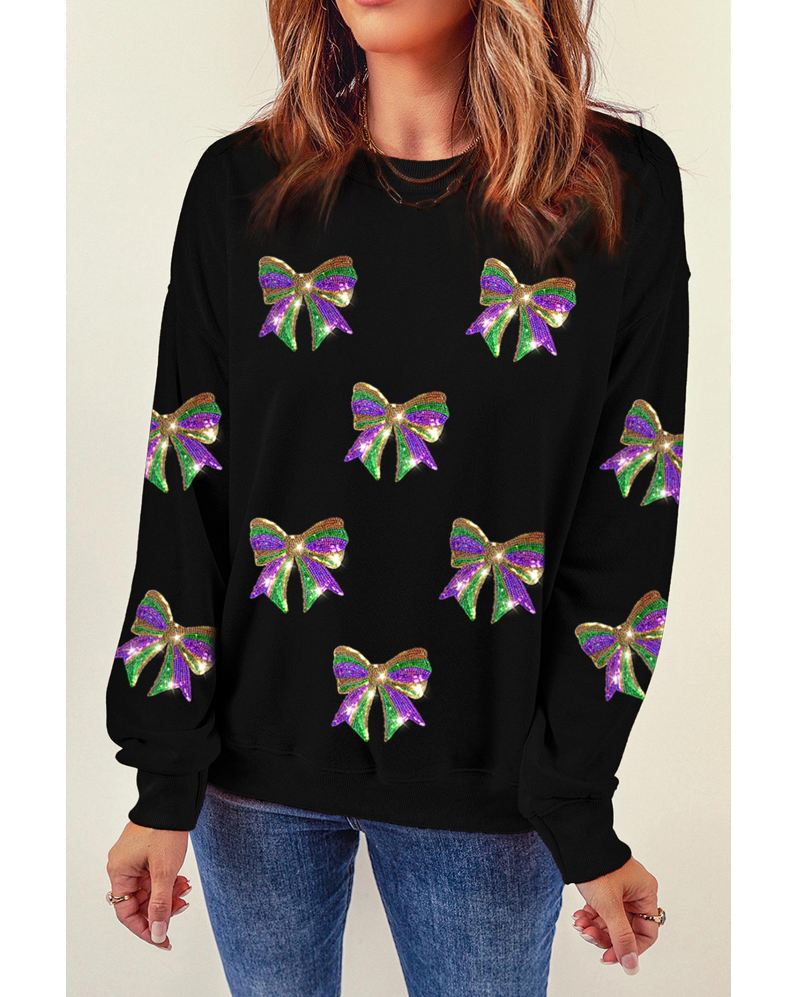 V539-AZEXDC25319347-2-M-202508290235-00 Black Sequin Mardi Gras Bow Graphic Drop Shoulder Pullover Sweatshirt - M - Image 1