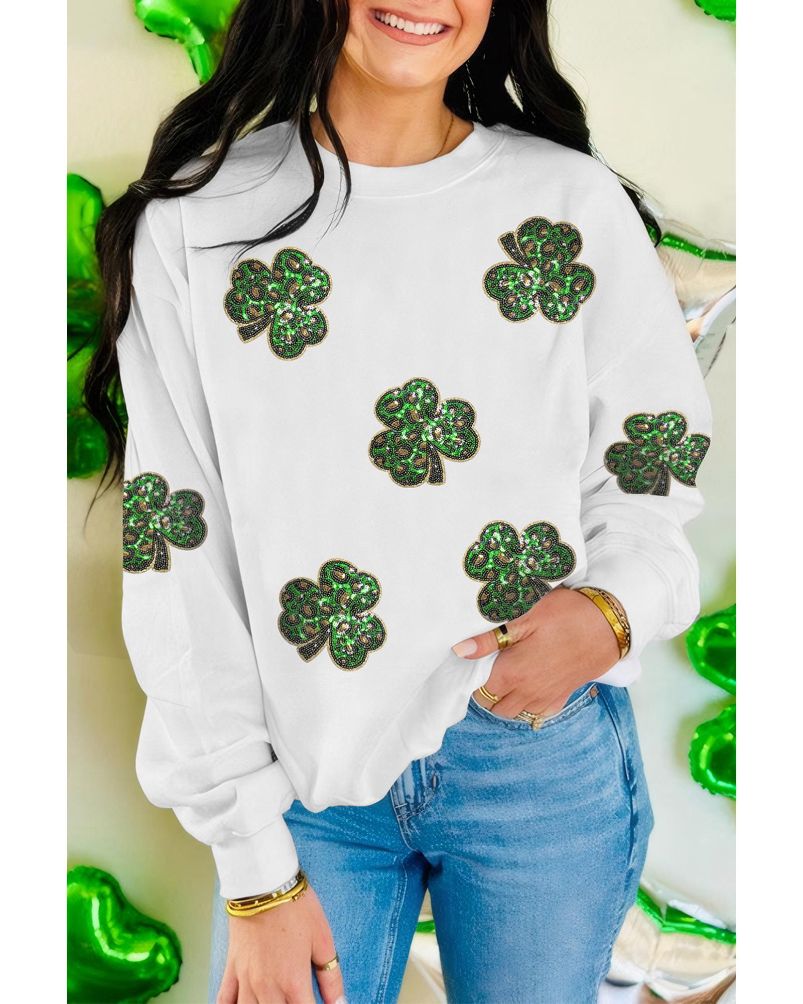 V539-AZEXDC25319406-15-L-202508280810-00 White Sequin Clover Patched Pattern St Patrick Pullover Sweatshirt - L - Image 1