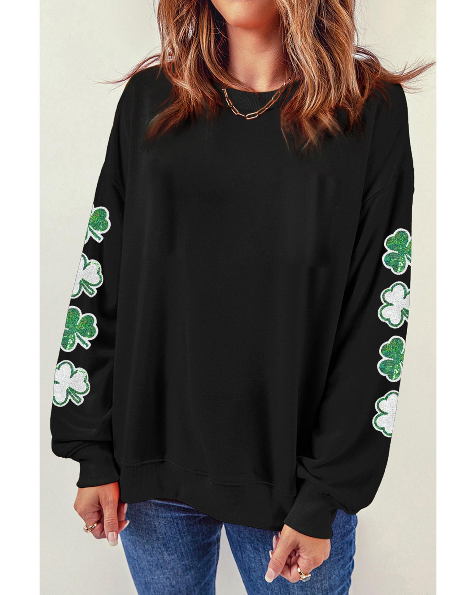V539-AZEXDC25319439-2-S-202506130840-00 Black Sequin Clover Patched Drop Shoulder Sweatshirt - S - Image 1