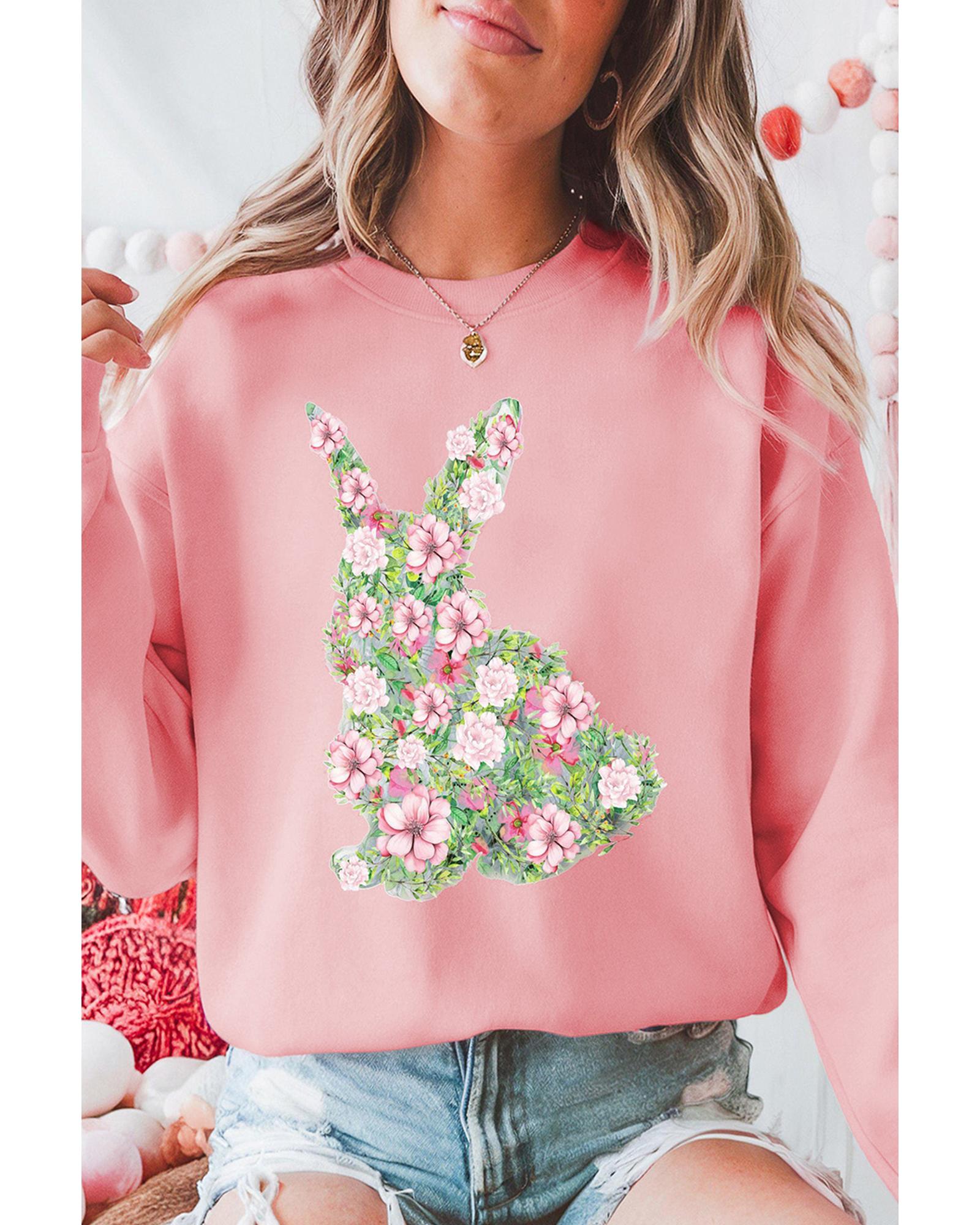 V539-AZEXDC25319446-10-XL-202508291310-00 Pink Floral Bunny Printed Crewneck Easter Fashion Sweatshirt - XL - Image 1
