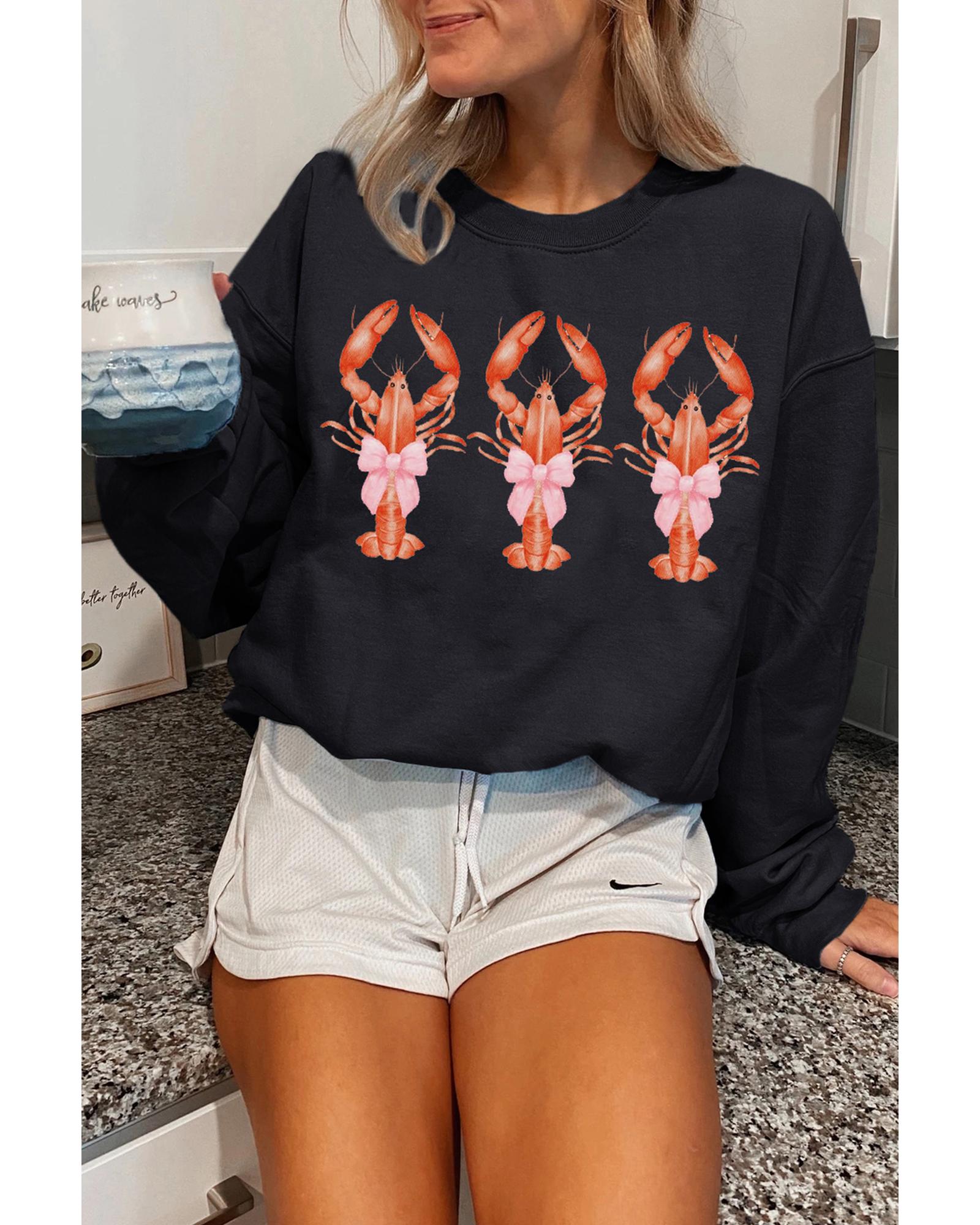 V539-AZEXDC25319461-2-XL-202508281130-00 Black Cute Bow Crawfish Printed Drop Shoulder Sweatshirt - XL - Image 1