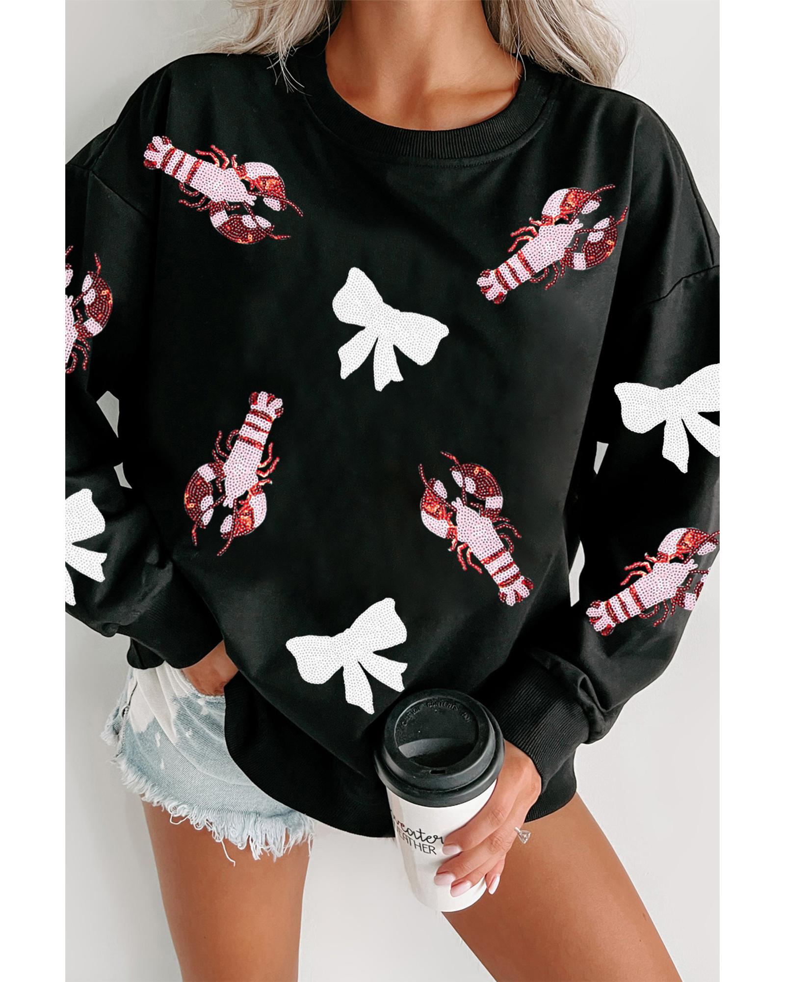 V539-AZEXDC25319463-2-XL-202508300020-00 Black Crawfish Bow Sequin Patched Graphic Sweatshirt - XL - Image 1