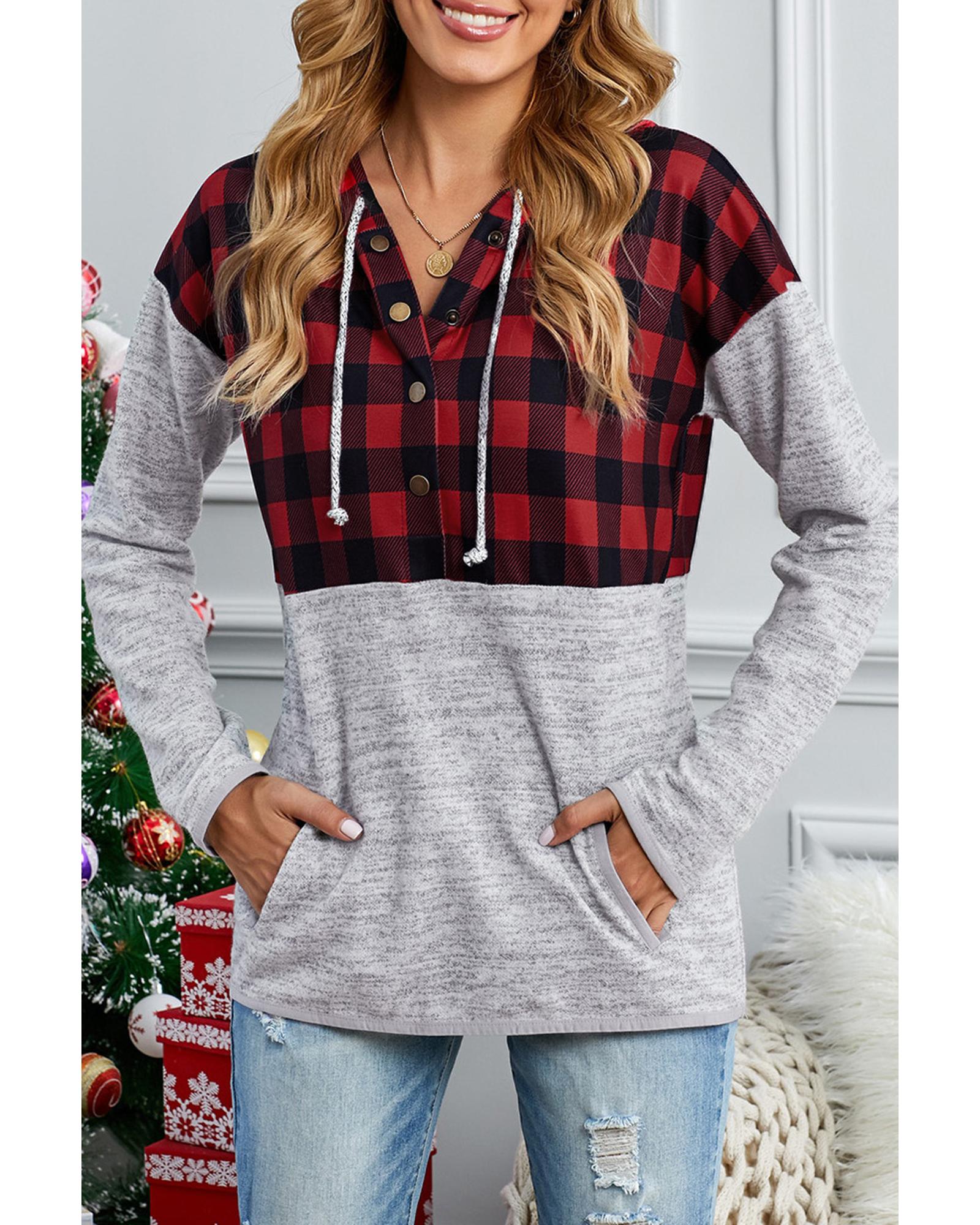 V539-AZEXDC2532086-11-S-165262-00 Azura Exchange Plaid Splicing Pocketed Hoodie - S - Image 1