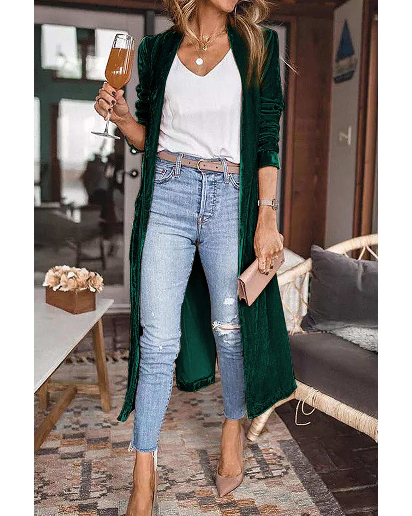 V539-AZEXDC2541539-9-S-202506131041-00 Green Velvet Open Front Pocketed Long Duster - S - Image 1