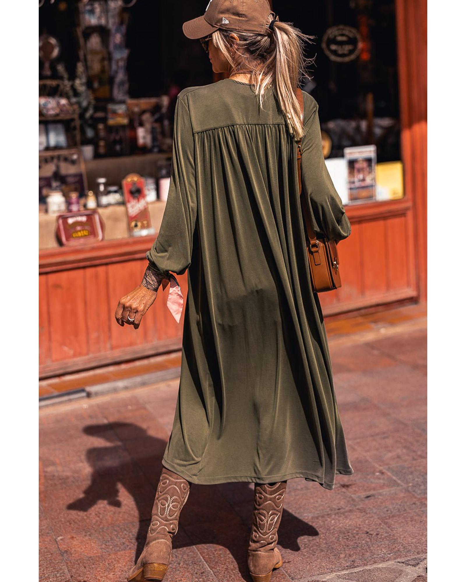 V539-AZEXDC2541925-9-M-202508280025-00 Green Lightweight Long Sleeve Open Front Duster Cardigan - M - Image 1