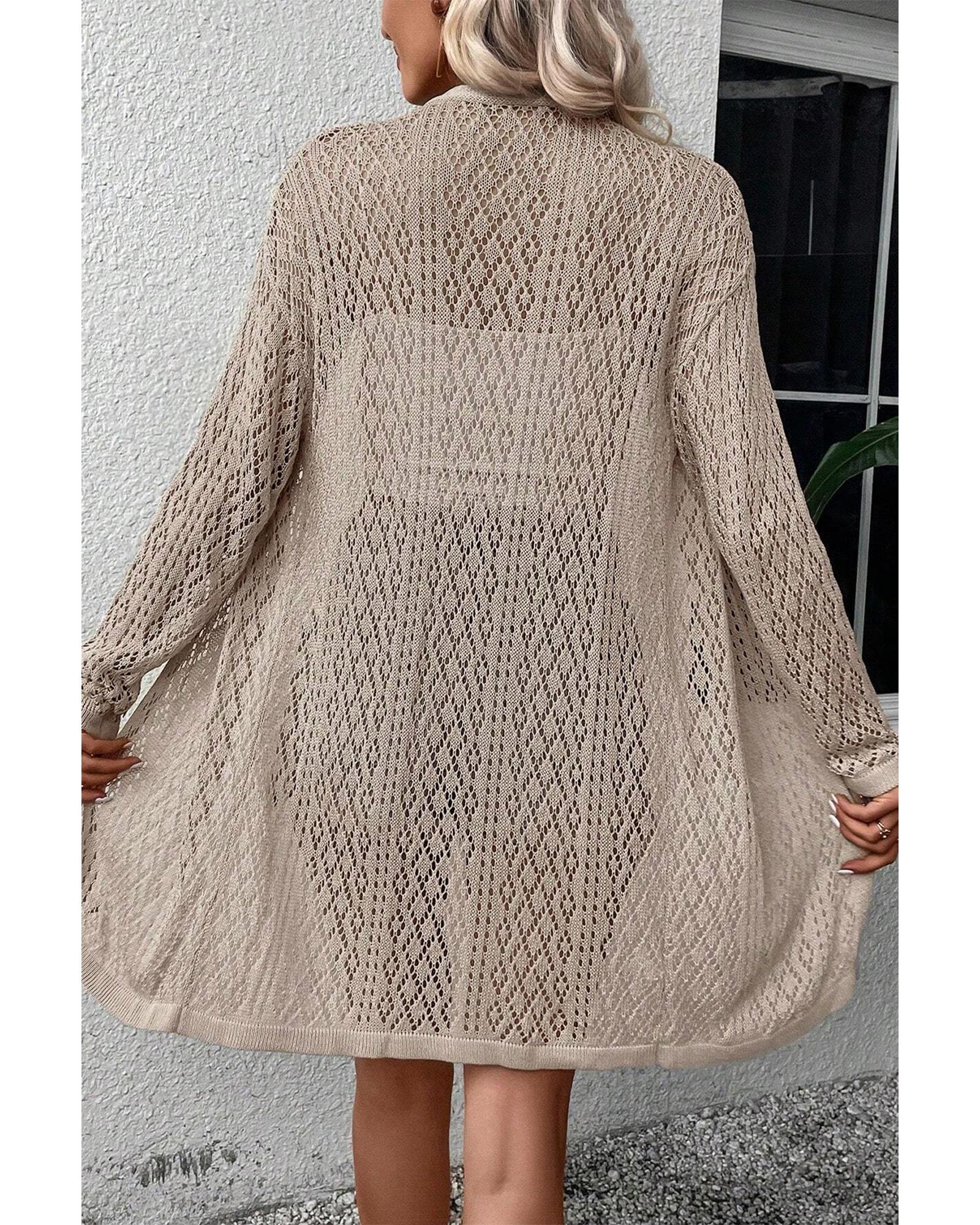 V539-AZEXDC2542280-P7016-M-202508290020-00 Smoke Gray Solid Color Pointelle Knit Open Front Cardigan - M - Image 1