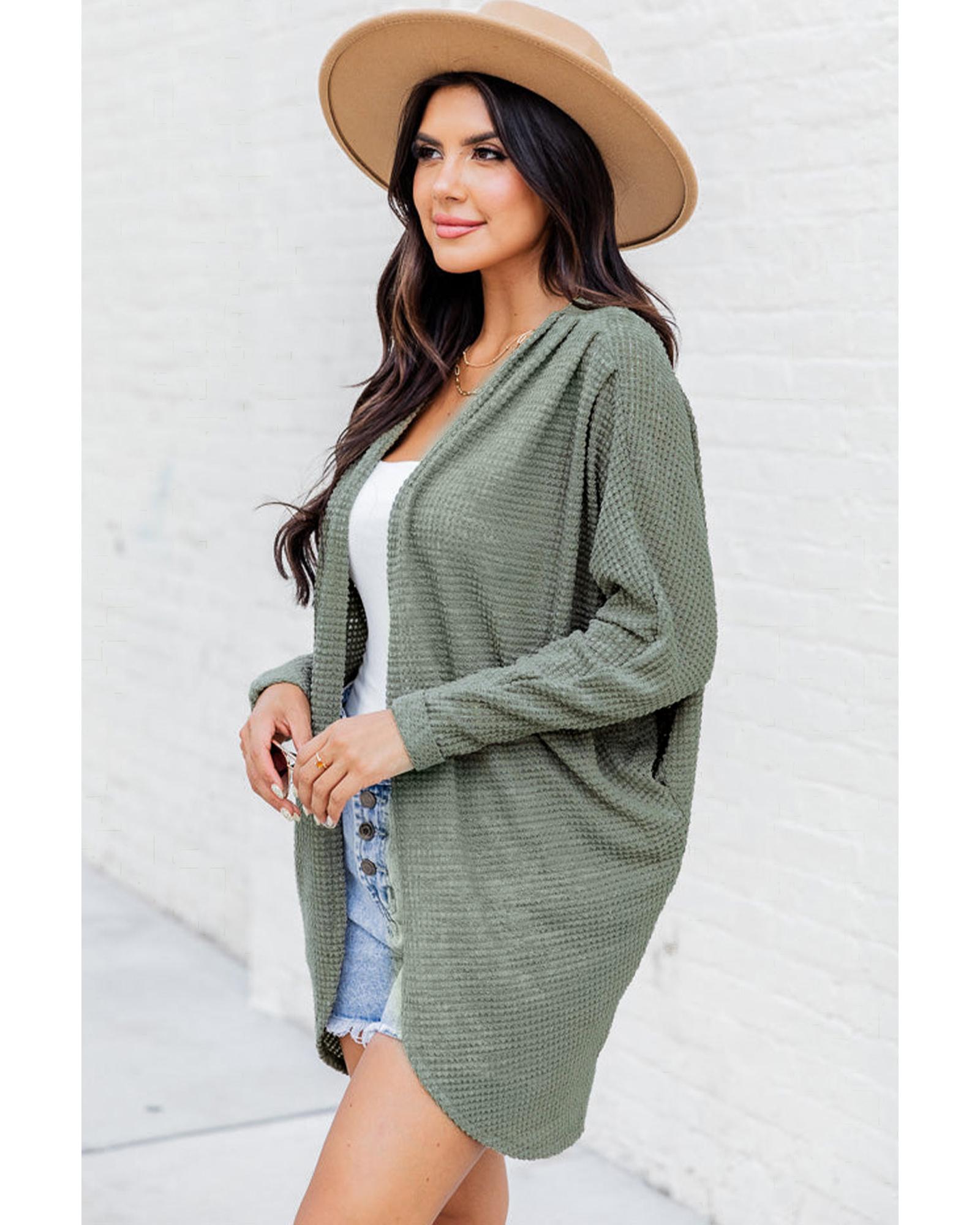 V539-AZEXDC2542449-P1209-M-202508280955-00 Laurel Green Waffle Knit Open Front Cardigan - M - Image 1