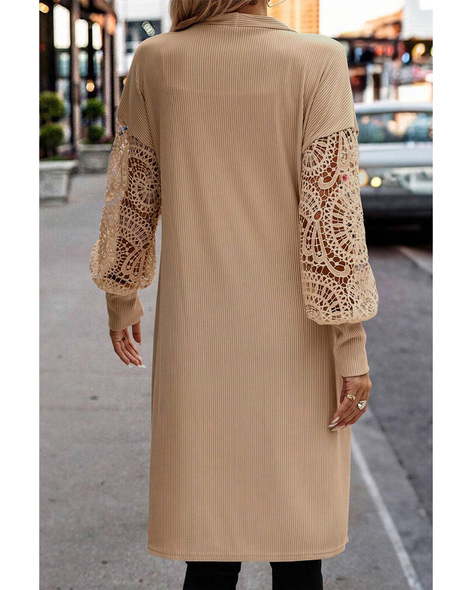 V539-AZEXDC2542508-P6016-L-202508280625-00 Parchment Lace Patchwork Ribbed Knit Open Front Duster Cardigan - L - Image 1