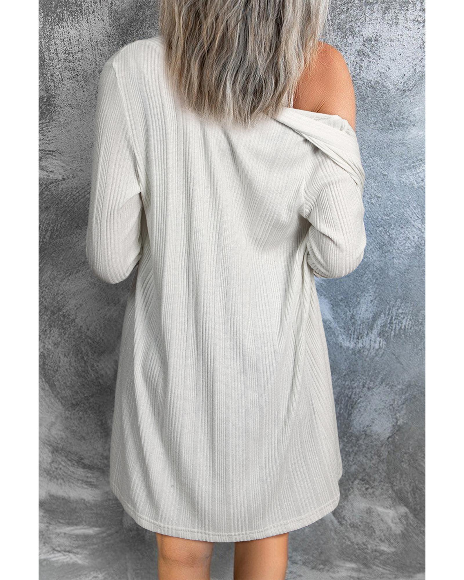 V539-AZEXDC2542555-P1-S-202506130837-00 White Solid Color Ribbed Button up Tunic Cardigan - S - Image 1