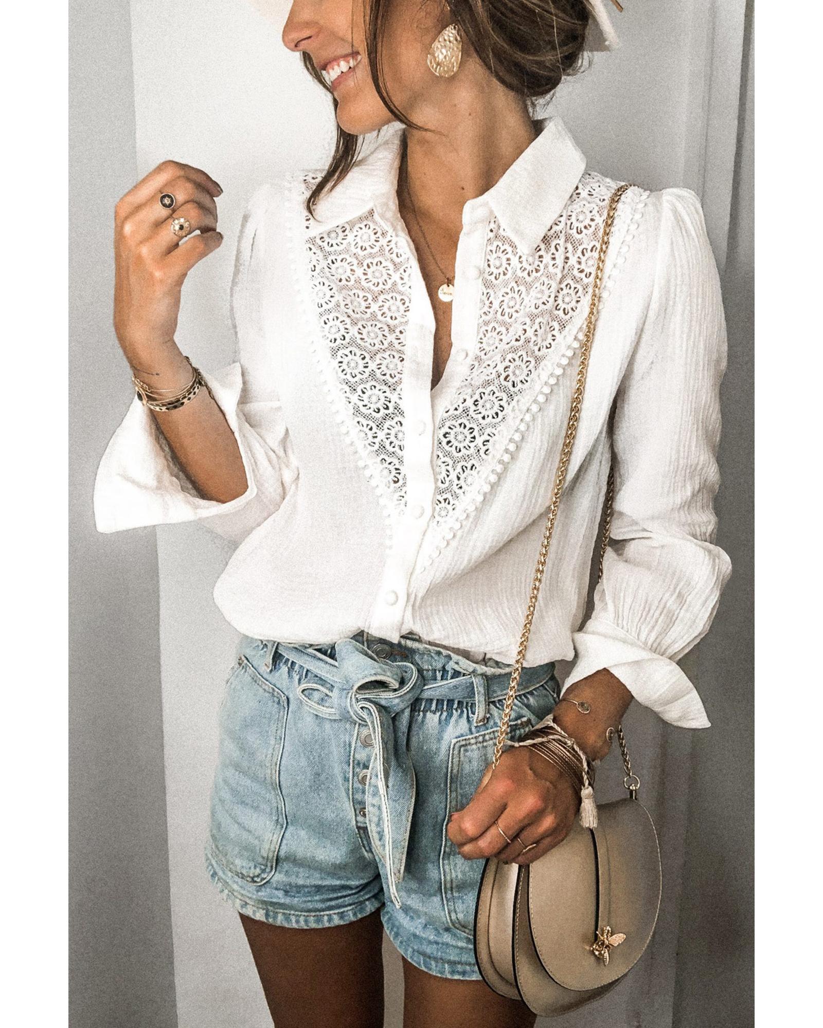 V539-AZEXDC2551321-1-XL-202508260445-00 Azura Exchange Lace Hollow-out Splicing Crinkled Shirt - XL - Image 1