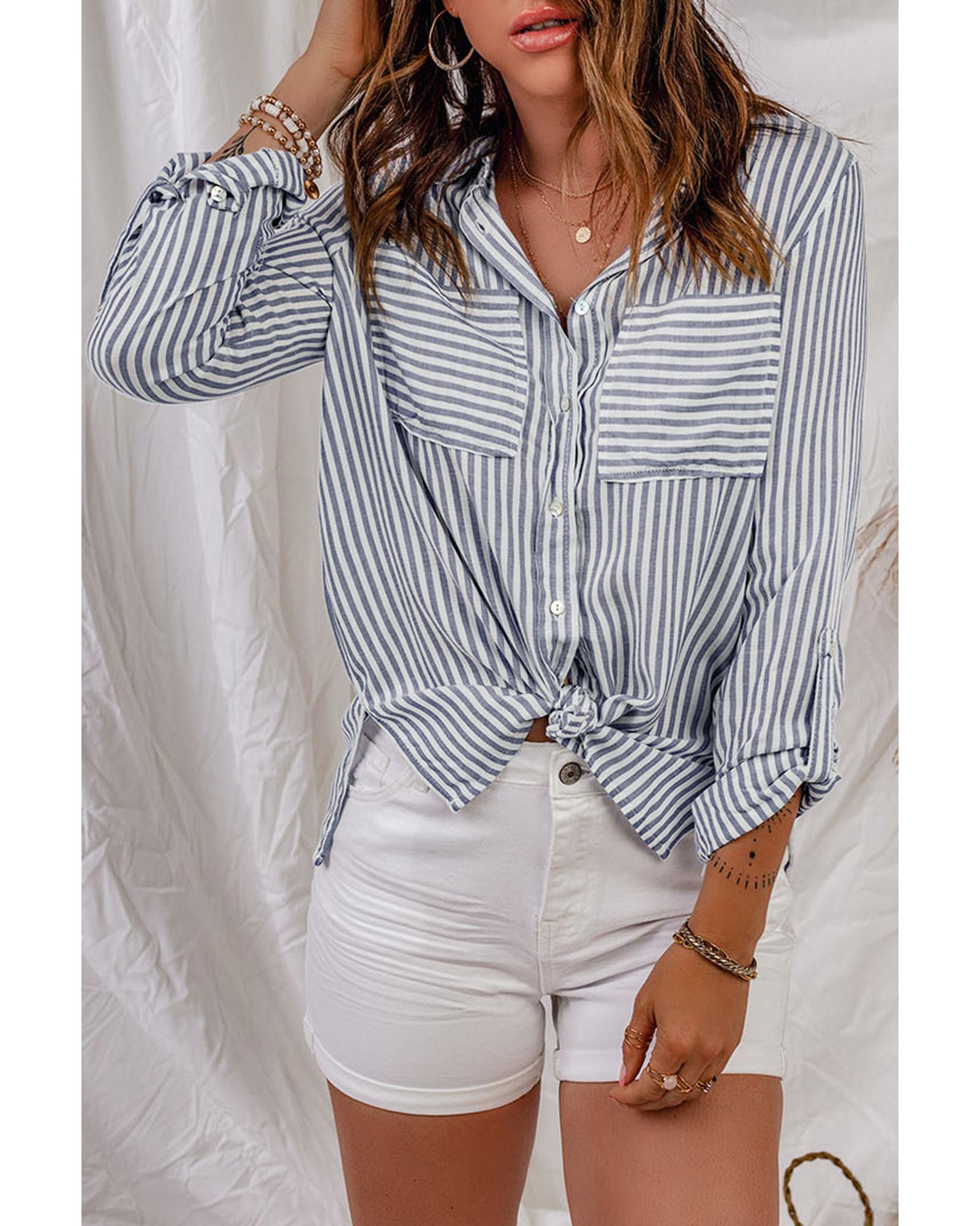 V539-AZEXDC2552717-19-S-165060-00 Azura Exchange Striped Long Sleeve Shirt with Pocketed Buttons - S - Image 1