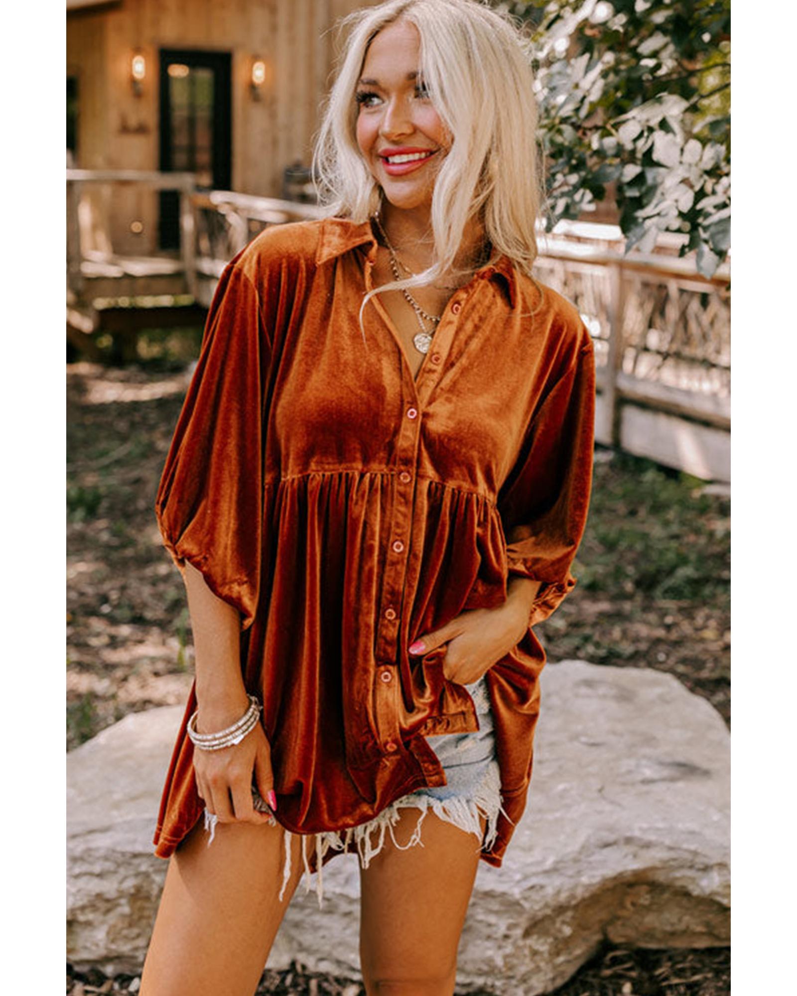V539-AZEXDC2554263-P2017-L-202506131506-00 Azura Exchange Chestnut 3/4 Sleeve Tunic Babydoll Velvet Shirt - L - Image 1