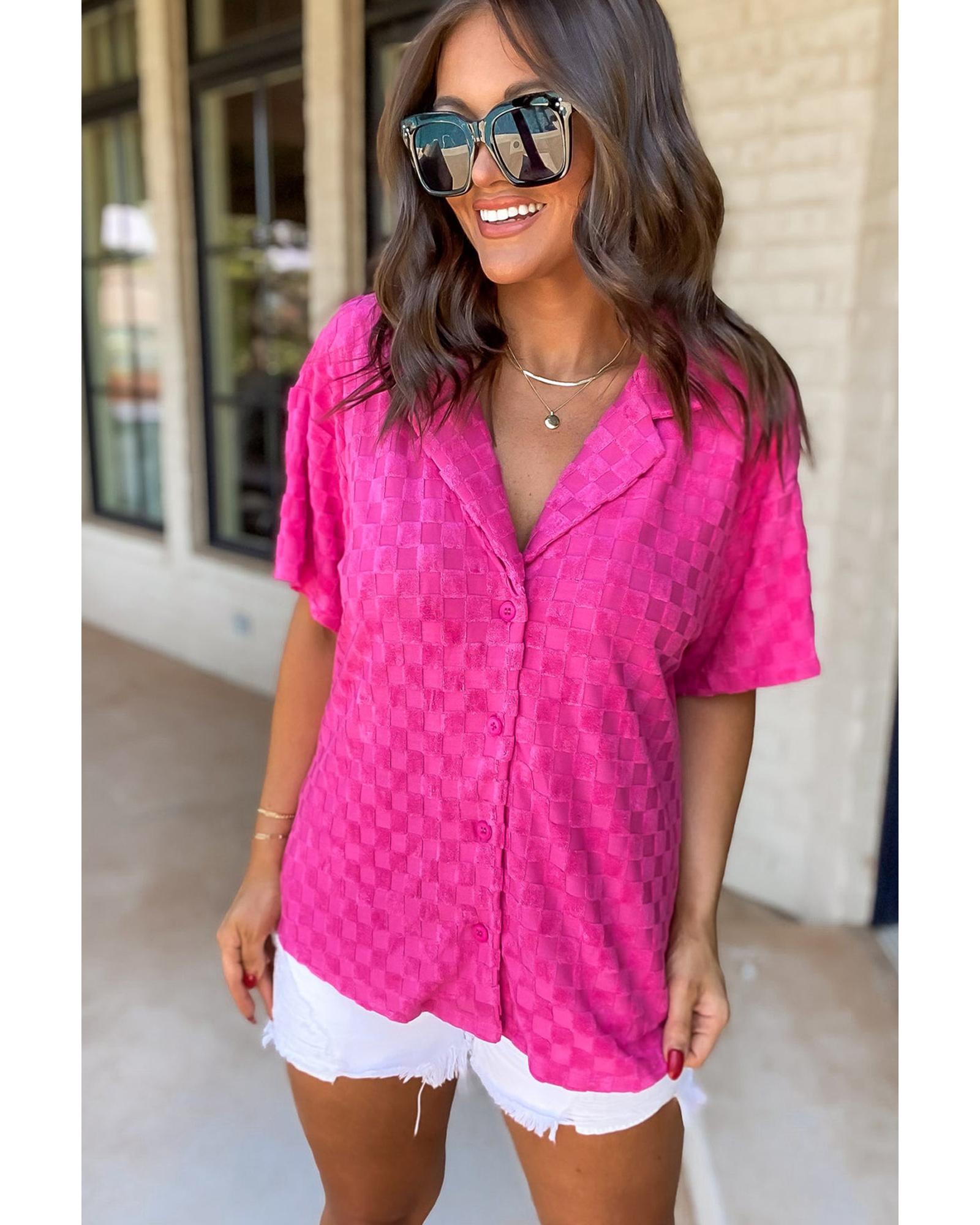V539-AZEXDC2554539-P106-S-202506131517-00 Bright Pink Lapel Neck Checkered Textured Short Sleeve Shirt - S - Image 1