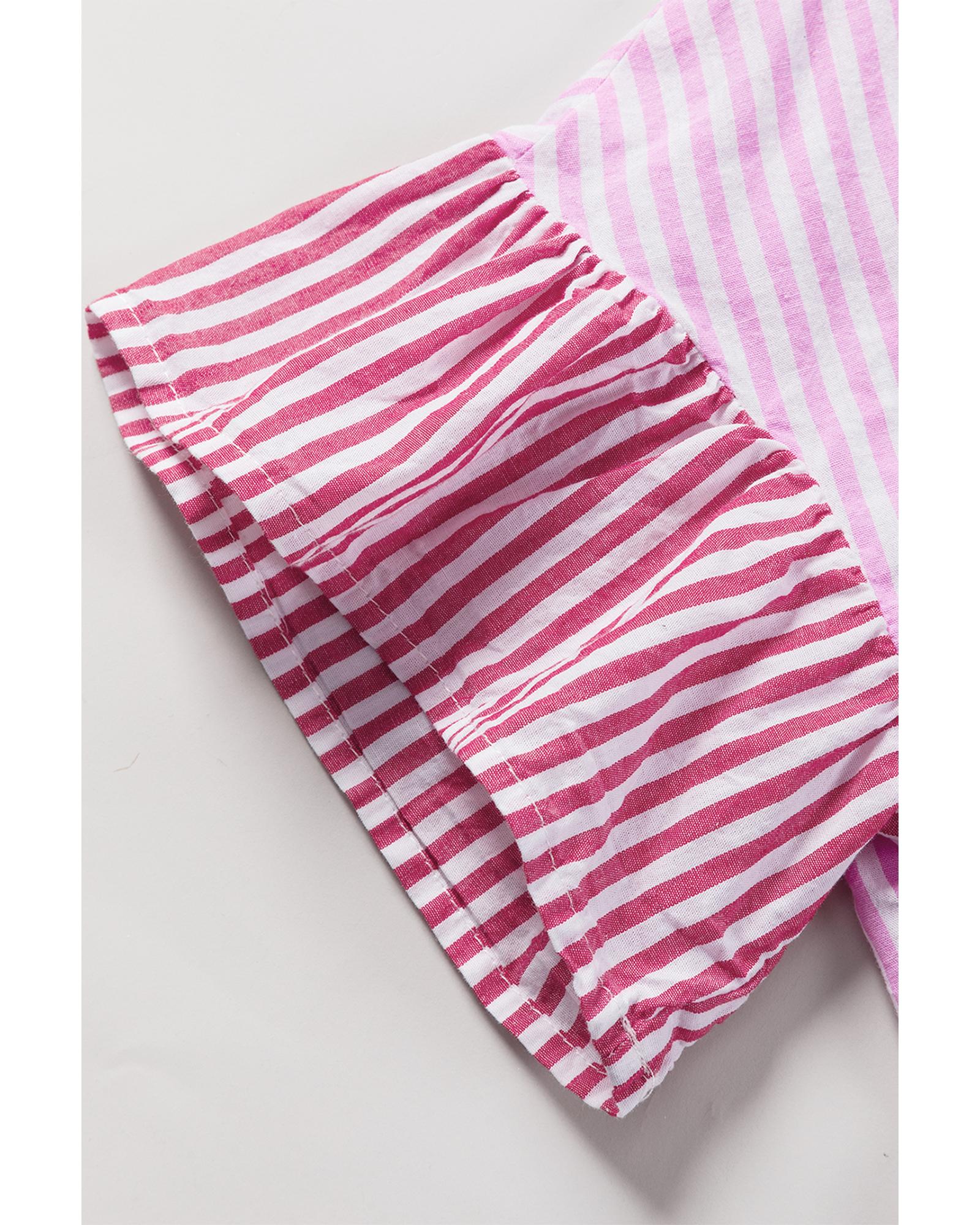 V539-AZEXDC2554614-P1019-L-202508281145-00 Pink Stripe Striped Patchwork Ruffled Hem Button up Shirt - L - Image 1