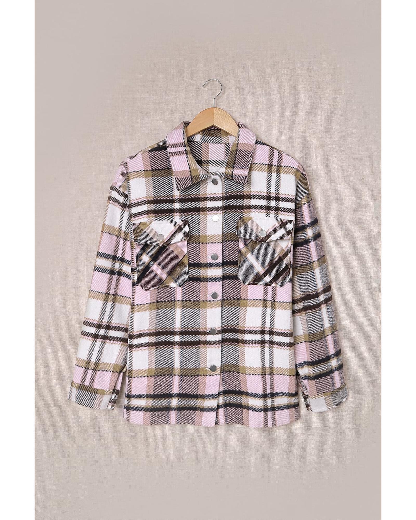 V539-AZEXDC255462-10-XL-202508292240-00 Azura Exchange Pink Geometric Plaid Print Pocketed Shacket - XL - Image 1