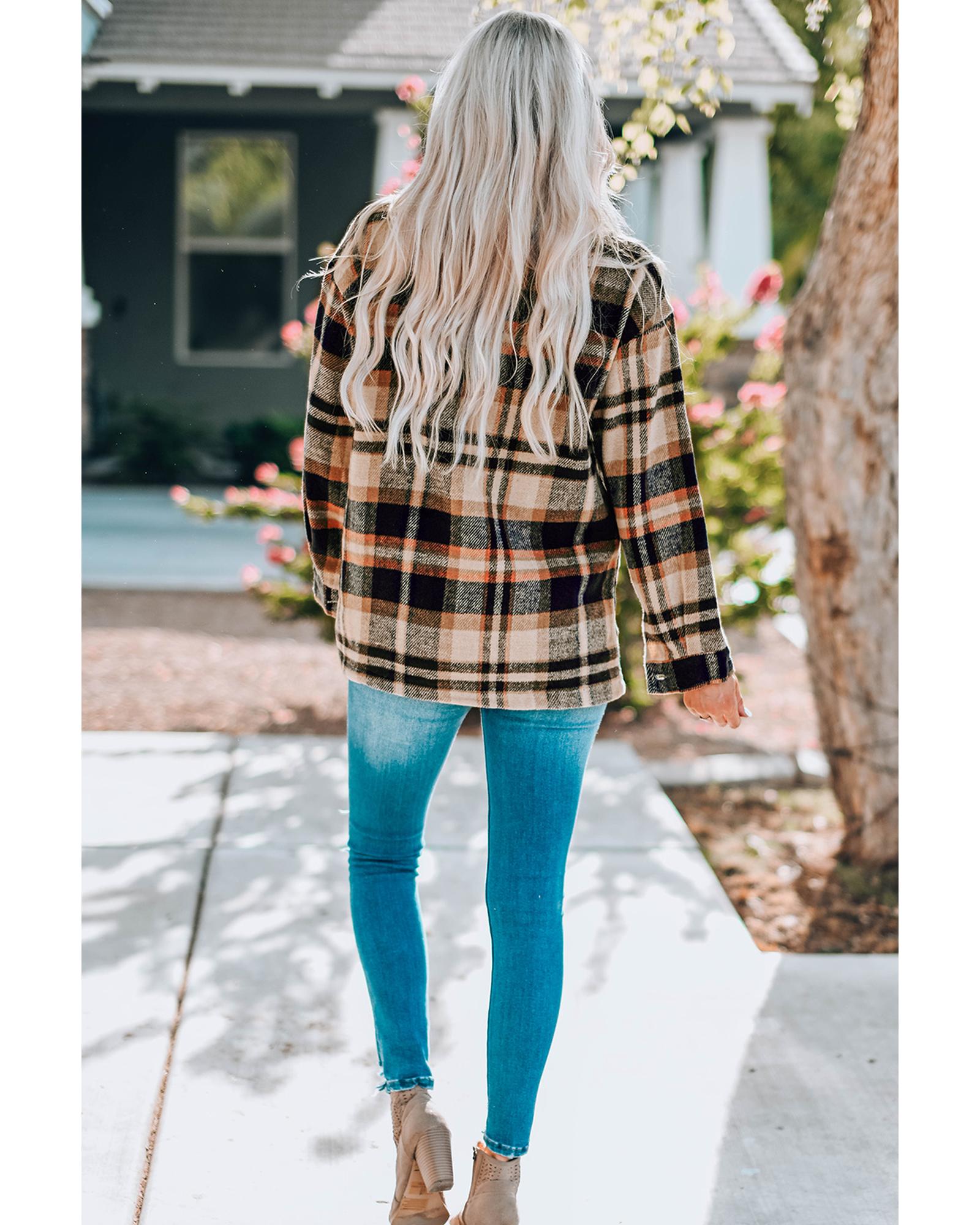 V539-AZEXDC255462-14-M-202508270100-00 Orange Geometric Plaid Print Pocketed Shacket - M - Image 1