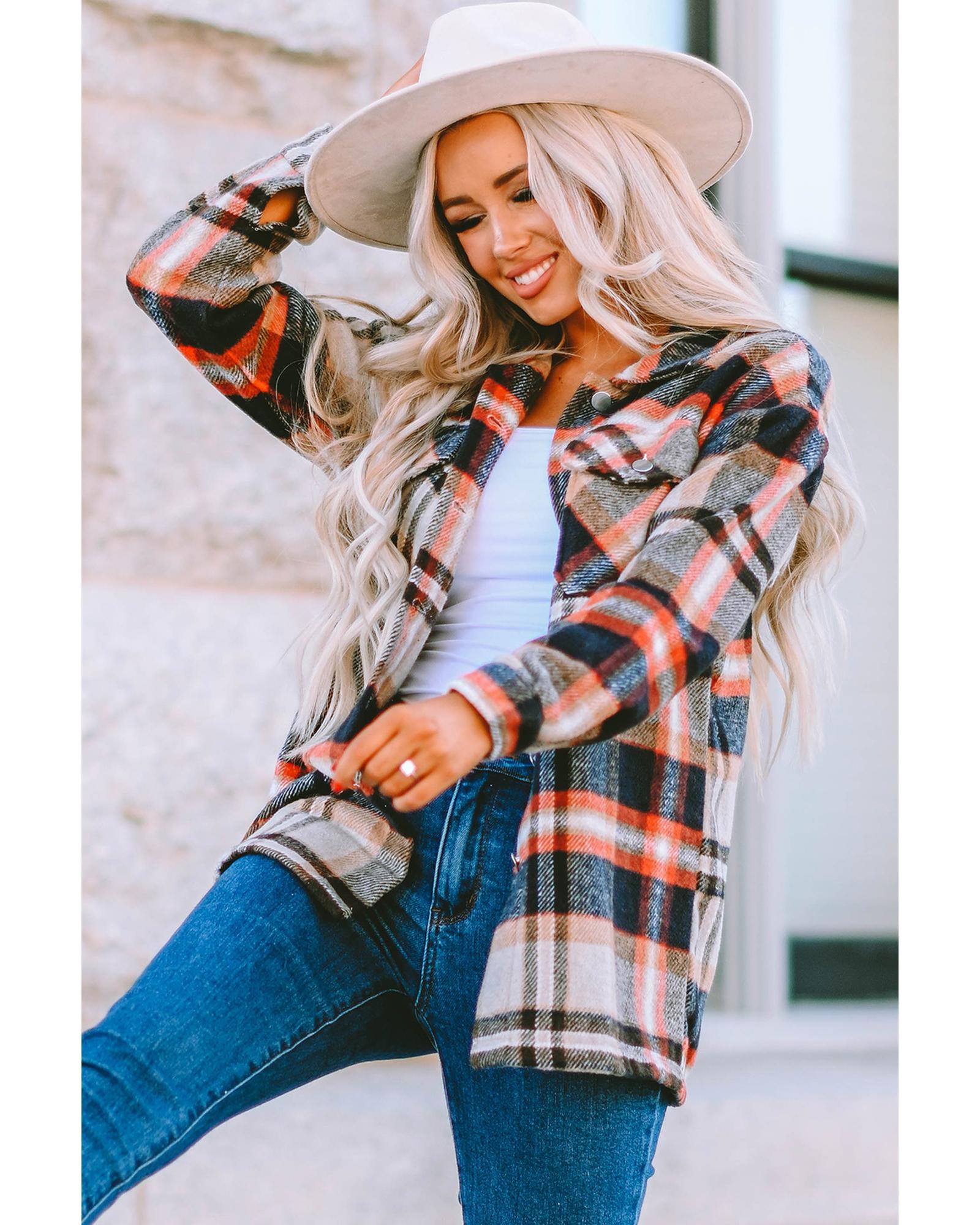 V539-AZEXDC255462-16-S-202506191746-00 Azura Exchange Khaki Geometric Plaid Print Pocketed Shacket - S - Image 1