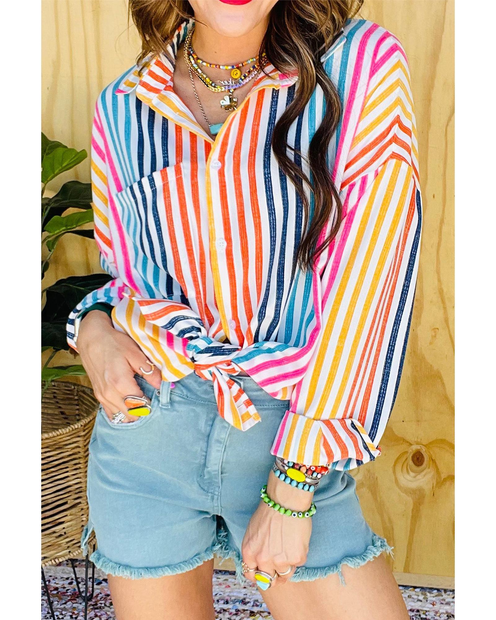 V539-AZEXDC2555058-P1419-L-202508271520-00 Orange Stripe Multicolor Drop Shoulder Loose Shirt - L - Image 1