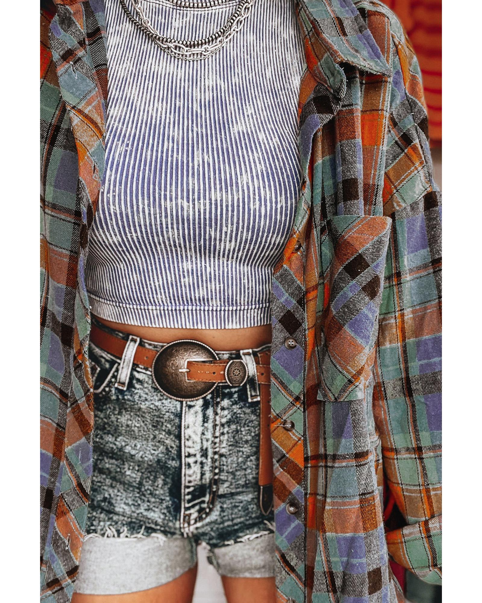 V539-AZEXDC2555262-P1422-S-202506131617-00 Orange Plaid Print Loose Vintage Shirt - S - Image 1