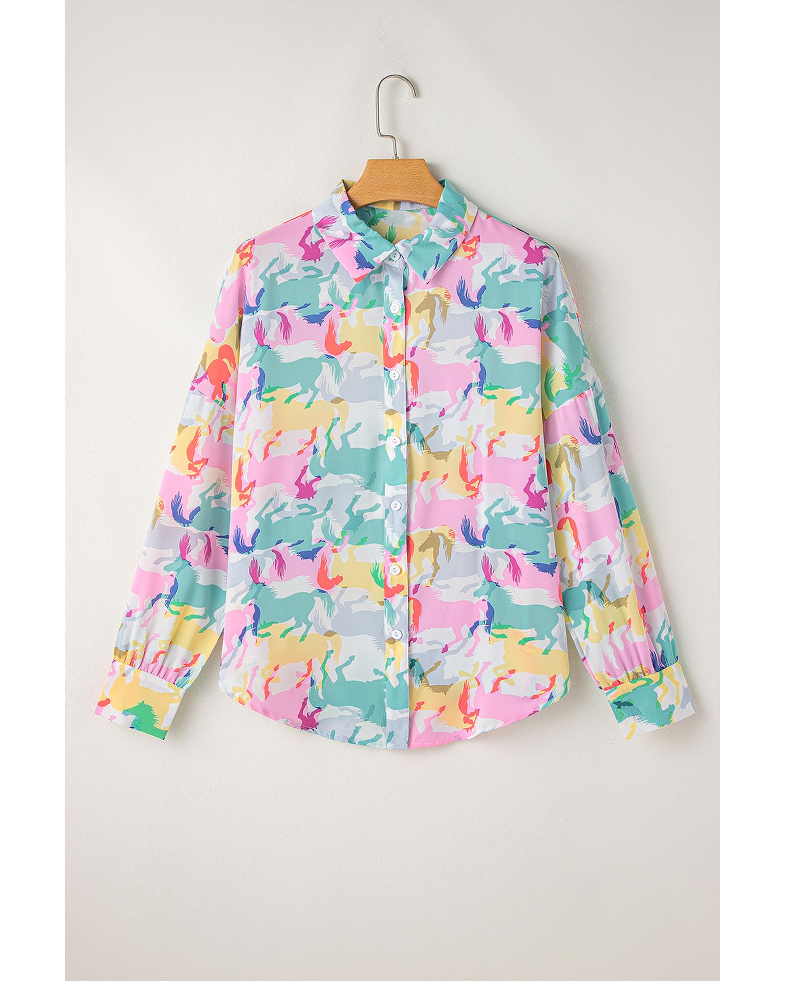 V539-AZEXDC2555362-P122-L-202508281300-00 White Colorful Horse Printed Long Sleeve Button Up Casual Shirt - L - Image 1