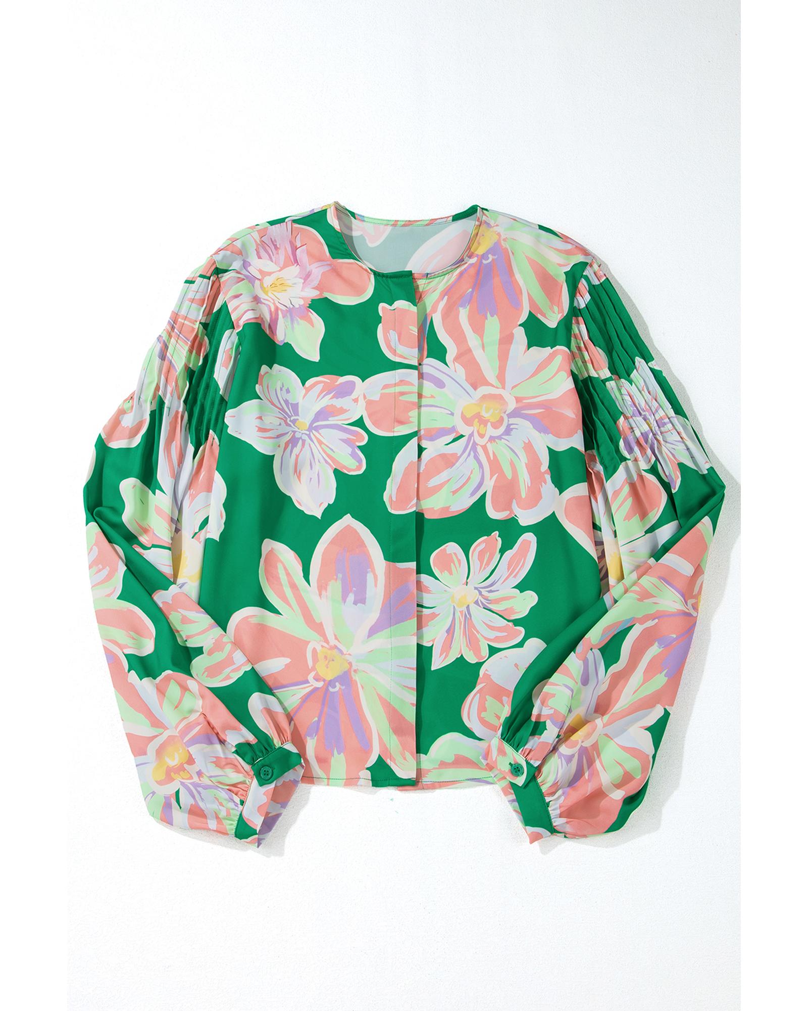 V539-AZEXDC2555466-P920-M-202508280355-00 Green Floral Print Button up Pleated Puff Sleeve Loose Shirt - M - Image 1