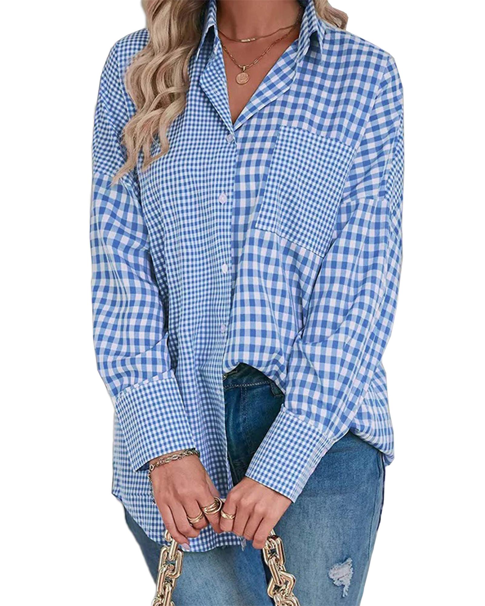 V539-AZEXDC2555511-P419-S-202506131726-00 Sky Blue Stripe Plaid Patchwork Button up Long Sleeve Shirt - S - Image 1