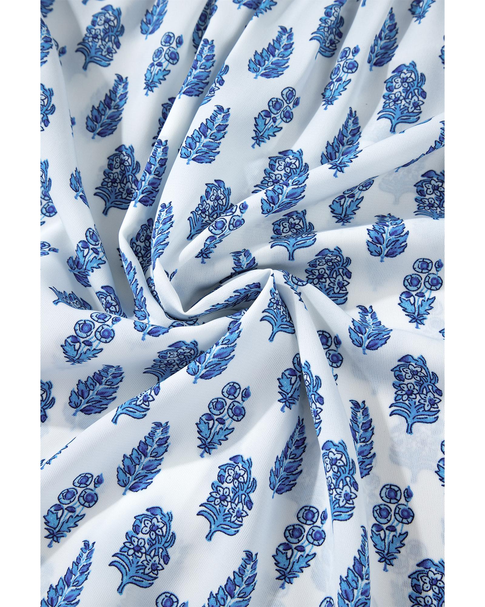 V539-AZEXDC2555520-P420-M-202508300135-00 Sky Blue Boho Floral Printed Lantern Sleeve Frilled Neck Shirred Shirt - M - Image 1