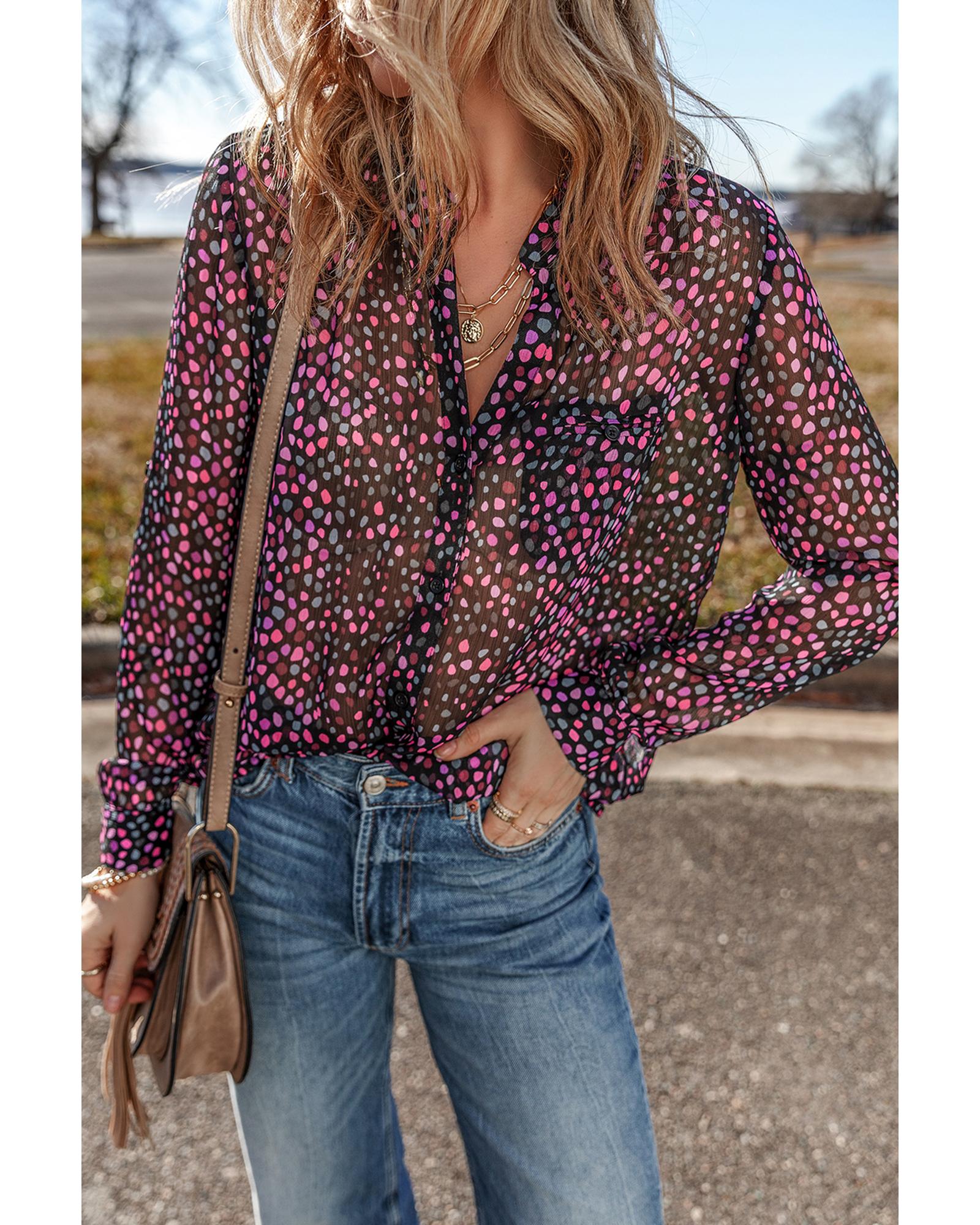 V539-AZEXDC2555540-P1608-S-202506131732-00 Grape Wine Polka Dot Printed Buttoned Casual Shirt - S - Image 1