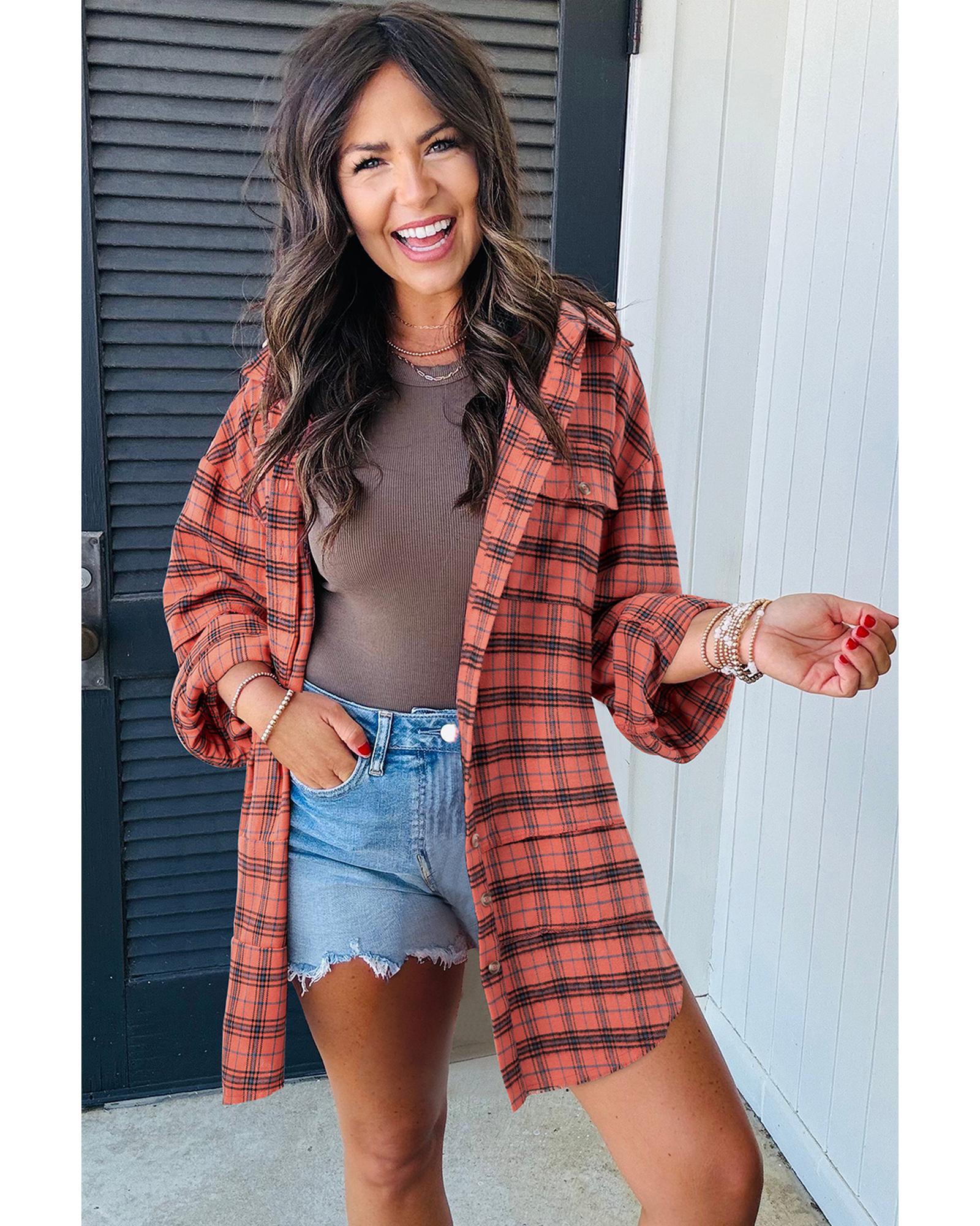 V539-AZEXDC2555605-P320-M-202508291705-00 Red Plaid Long Sleeeve Side Split Distressed Hem Shirt - M - Image 1