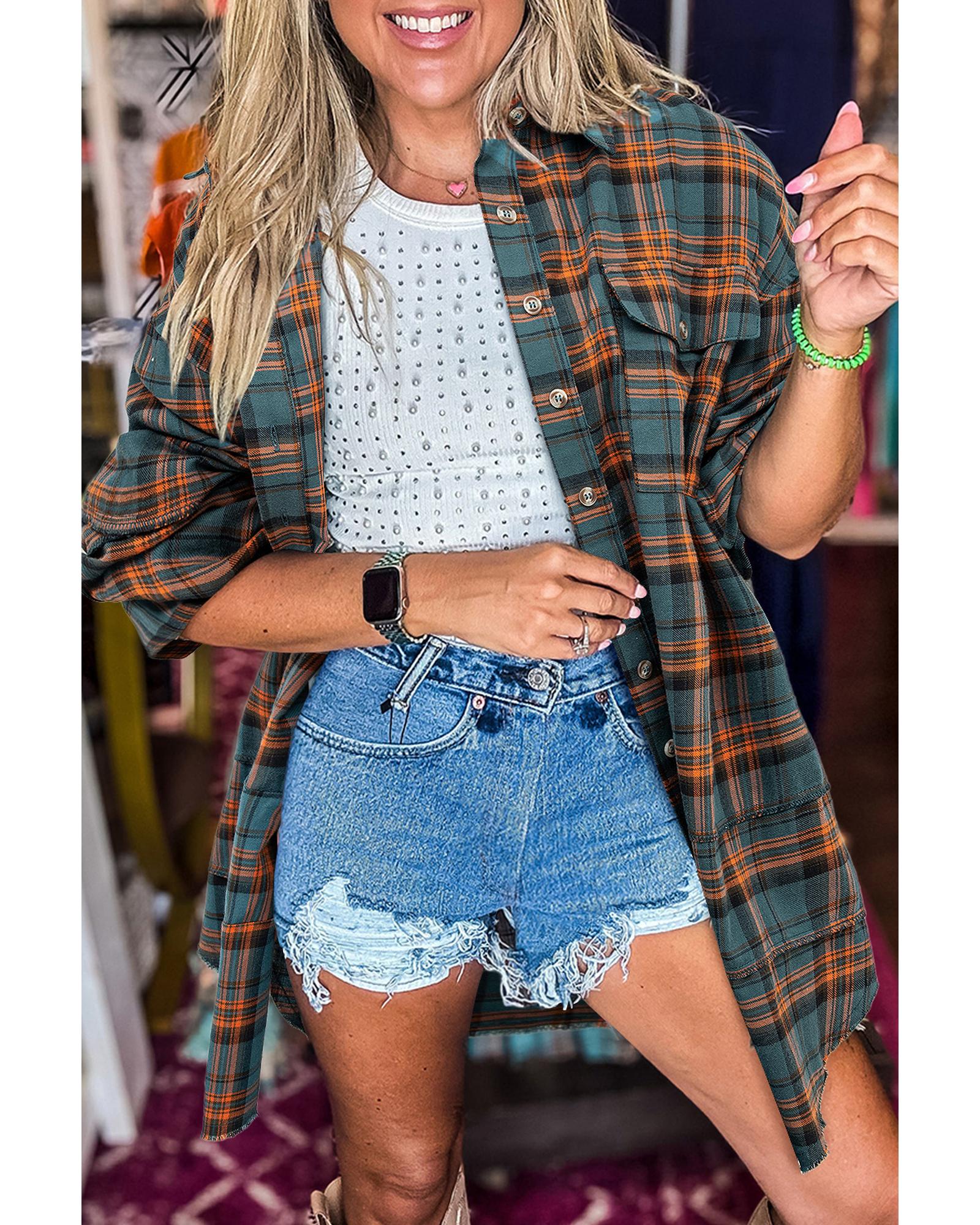 V539-AZEXDC2555605-P920-3XL-202508300650-00 Green Plaid Long Sleeeve Side Split Distressed Hem Shirt - 3XL - Image 1