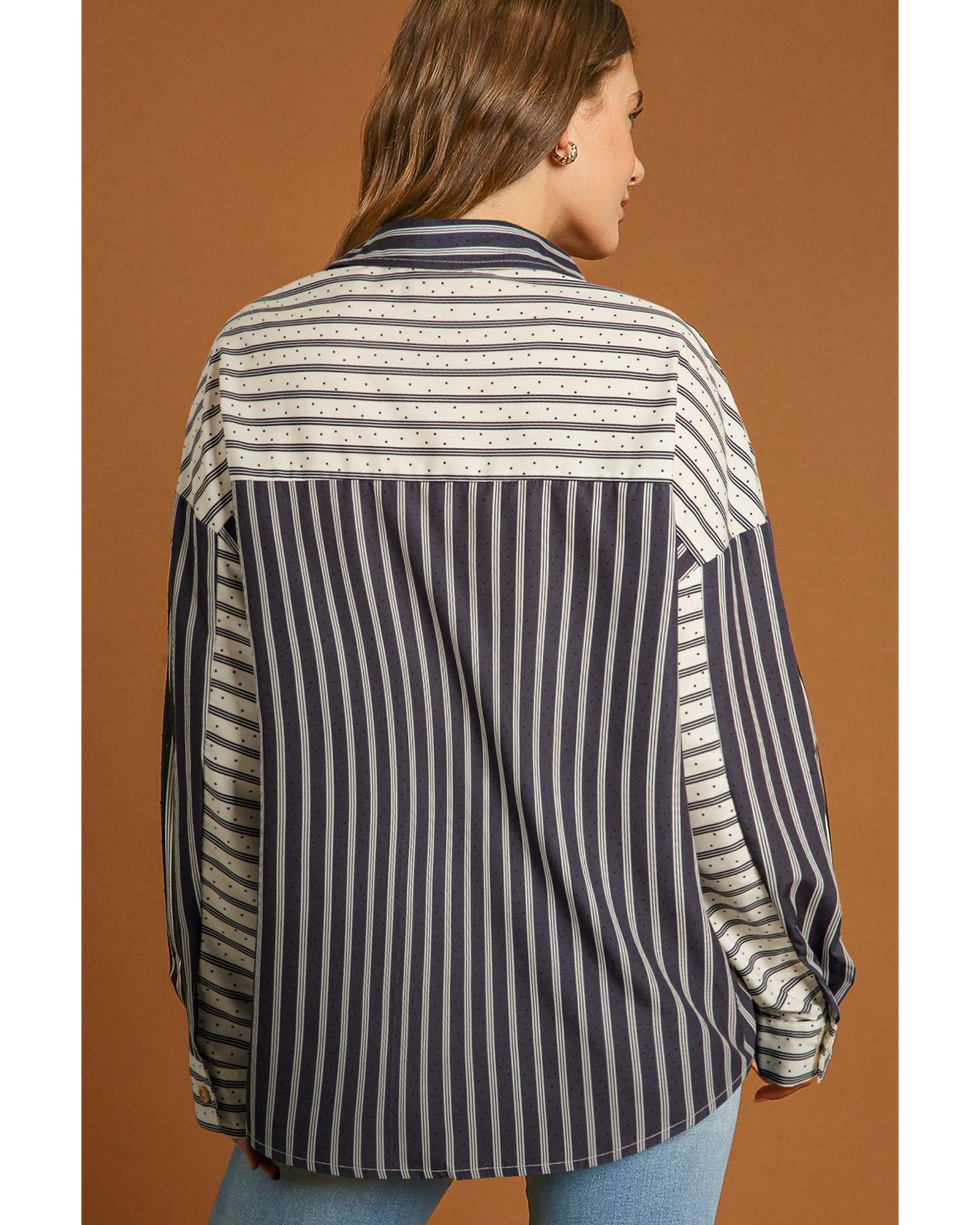 V539-AZEXDC2555681-P219-XL-202508282335-00 Black Stripe 2-tone Patchwork Half Buttons Chest Pockets Casual Blouse - XL - Image 1