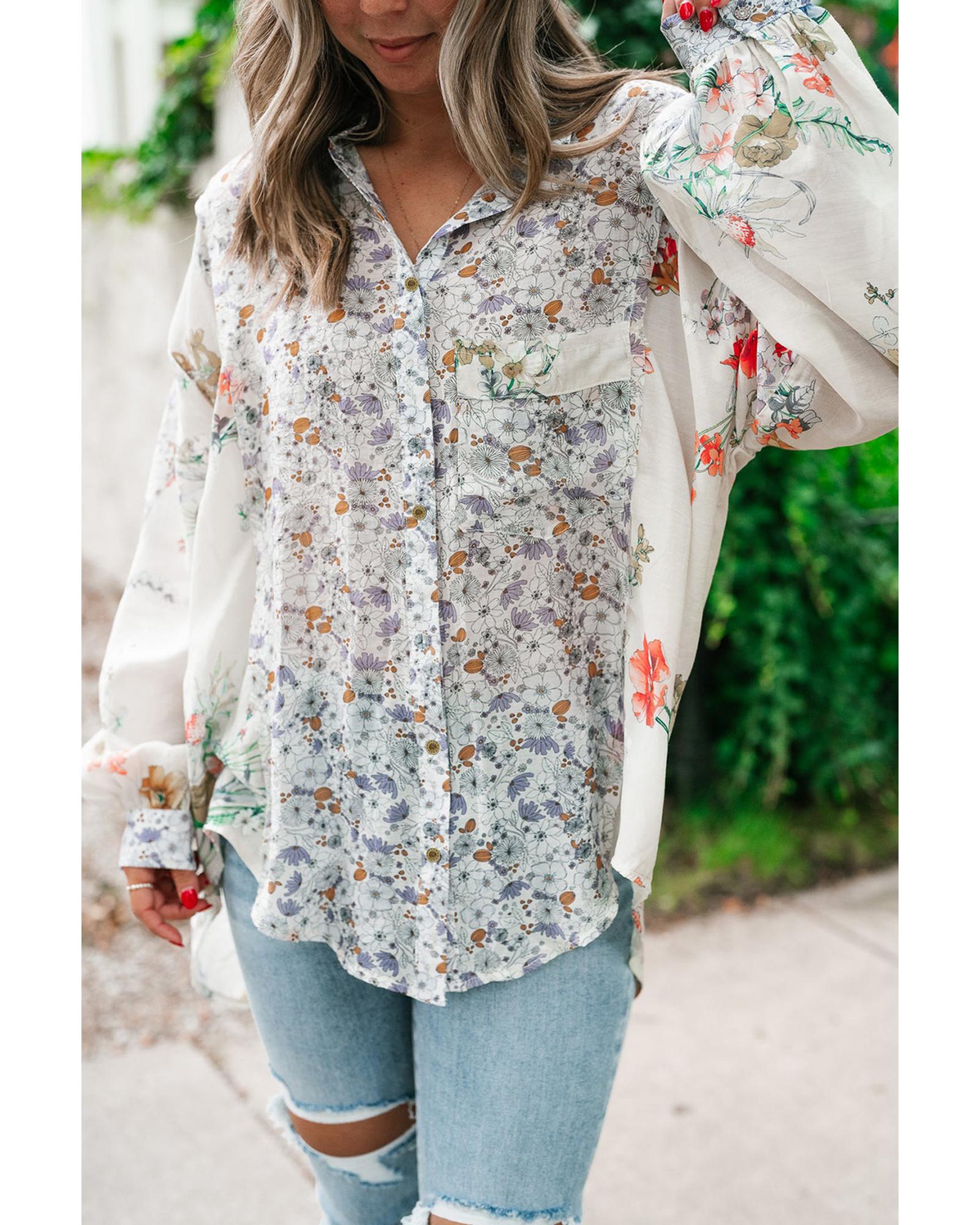 V539-AZEXDC2555717-P820-L-202508291600-00 Purple Boho Floral Bishop Sleeve Button Up Loose Shirt - L - Image 1