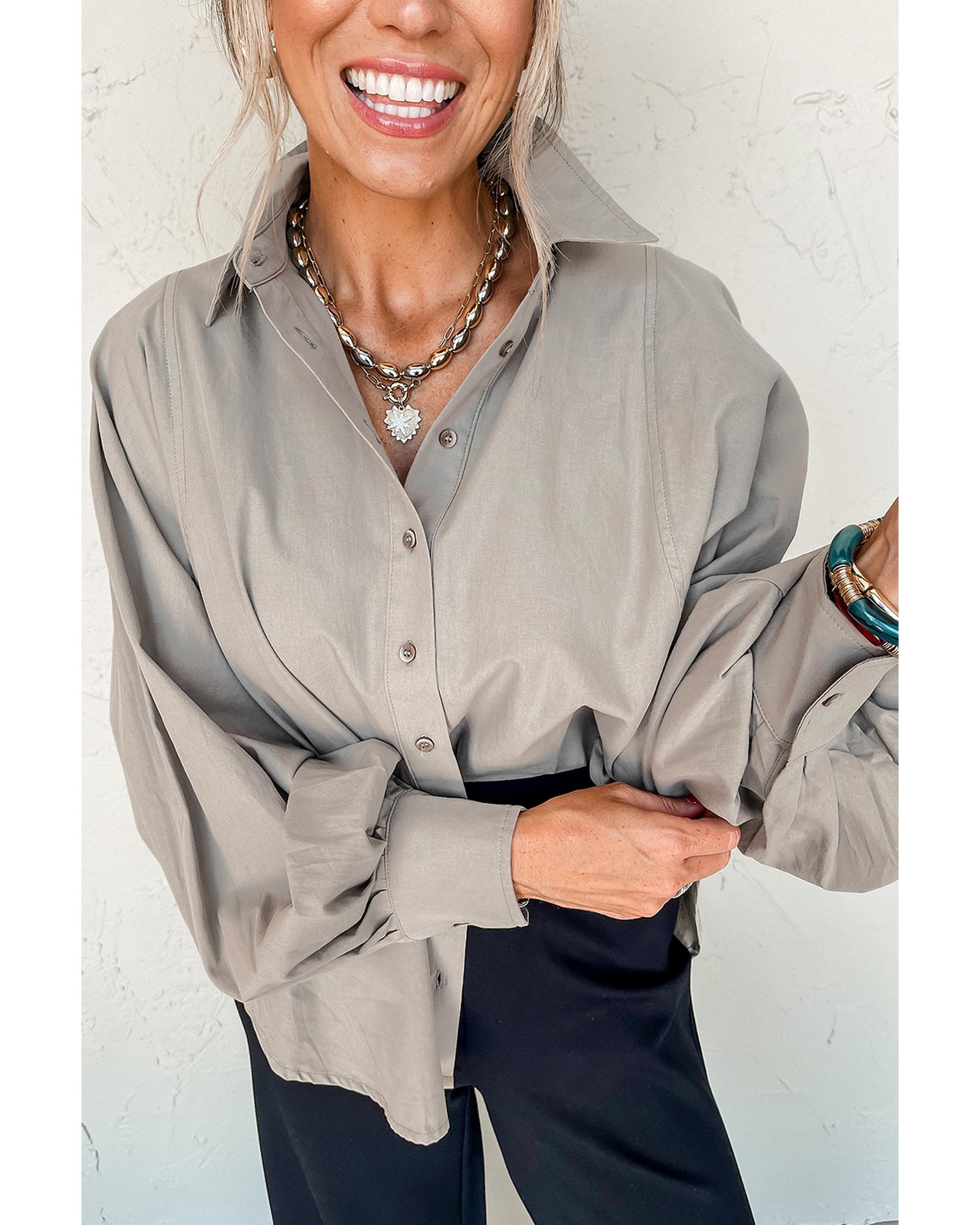 V539-AZEXDC2555819-P6011-L-202508290045-00 High Solid Color Balloon Sleeve Side Slits Loose Fit Shirt - L - Image 1