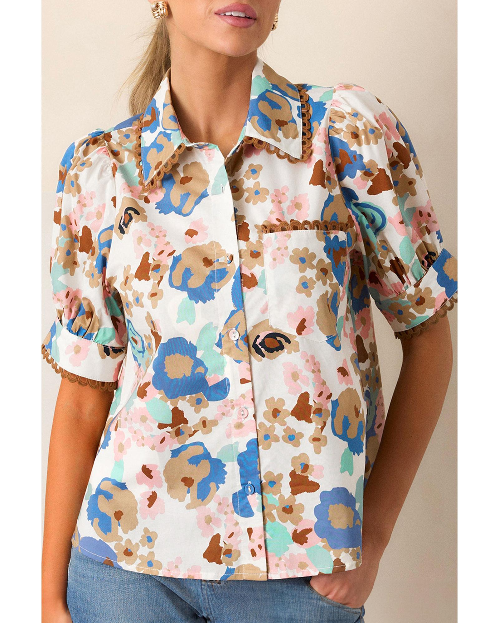 V539-AZEXDC2556034-P22-M-202508290235-00 Multicolour Floral Print Ricrac Trim Collared Puff Short Sleeve Shirt - M - Image 1