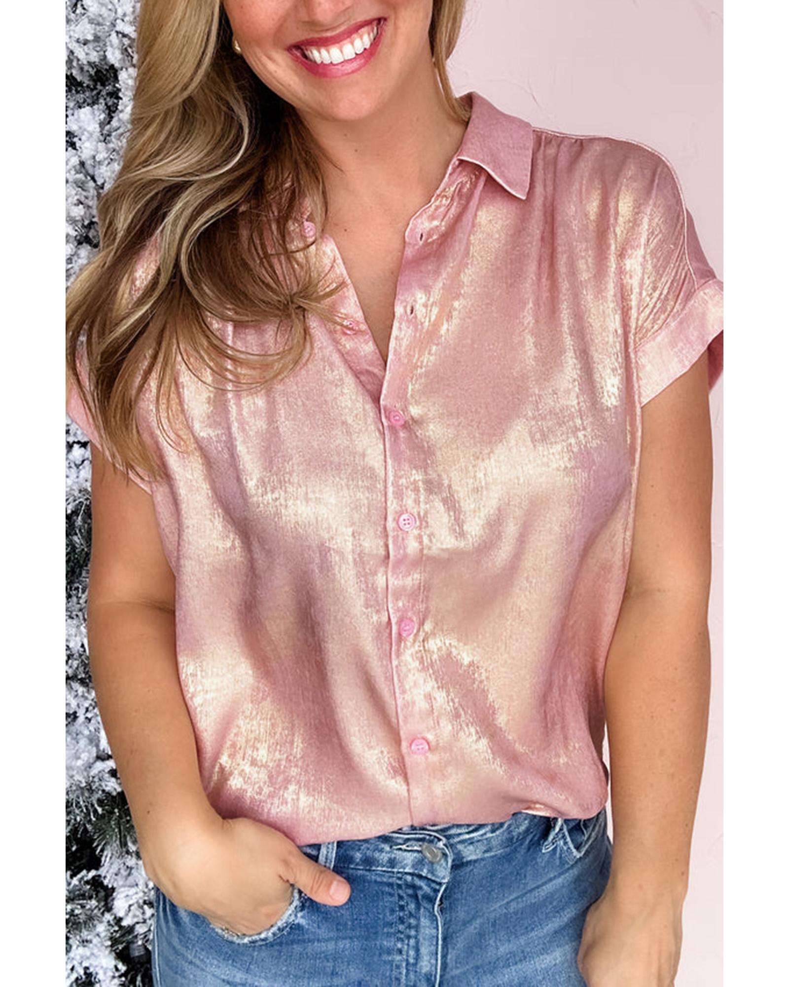 V539-AZEXDC2556129-P1210-L-202508281145-00 Delicacy Metallic Buttoned Loose Fit Short Sleeve Shirt - L - Image 1