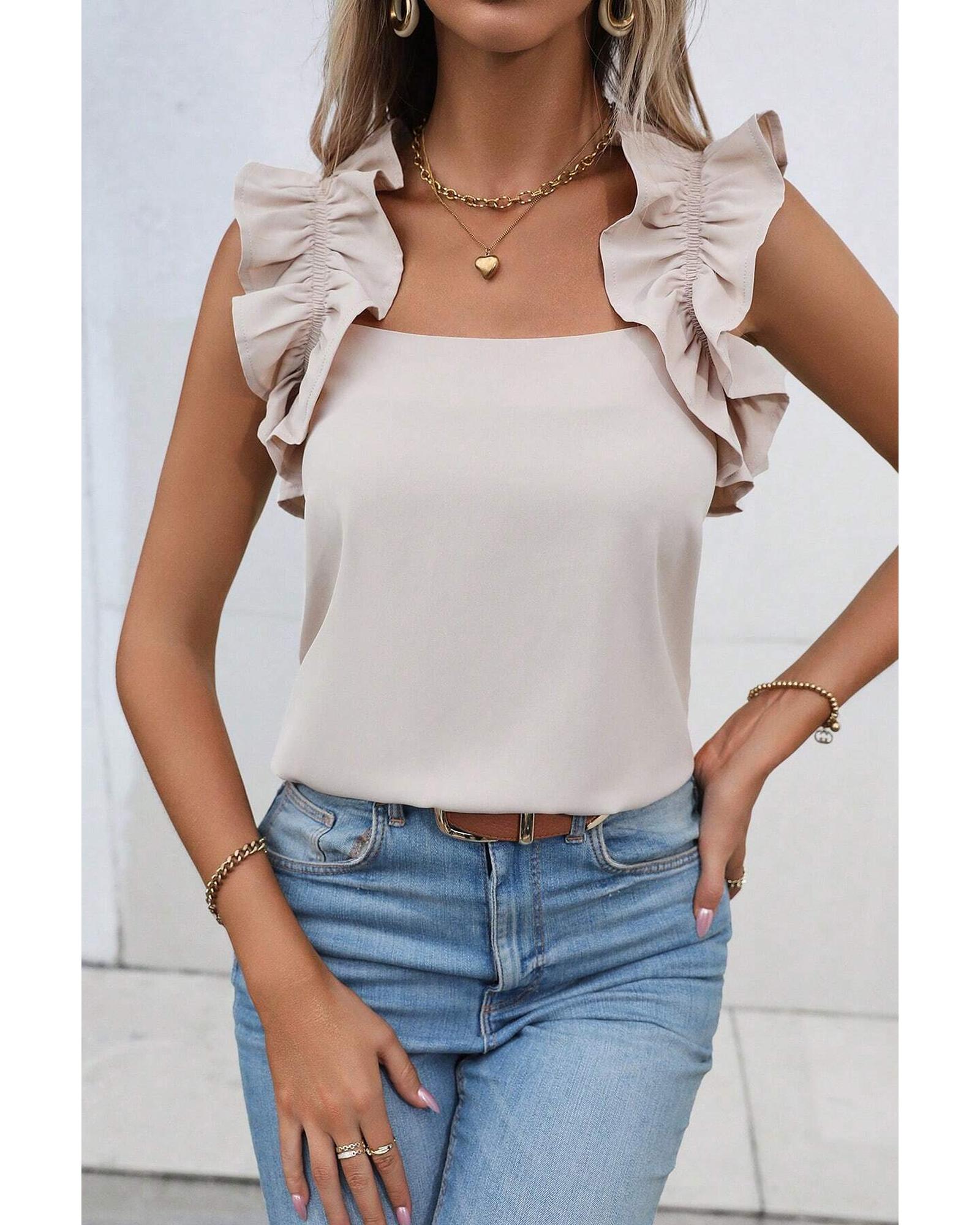 V539-AZEXDC25611320-P1015-XL-202506131520-00 Oatmeal Solid Ruffle Trim Sleeveless Top - XL - Image 1