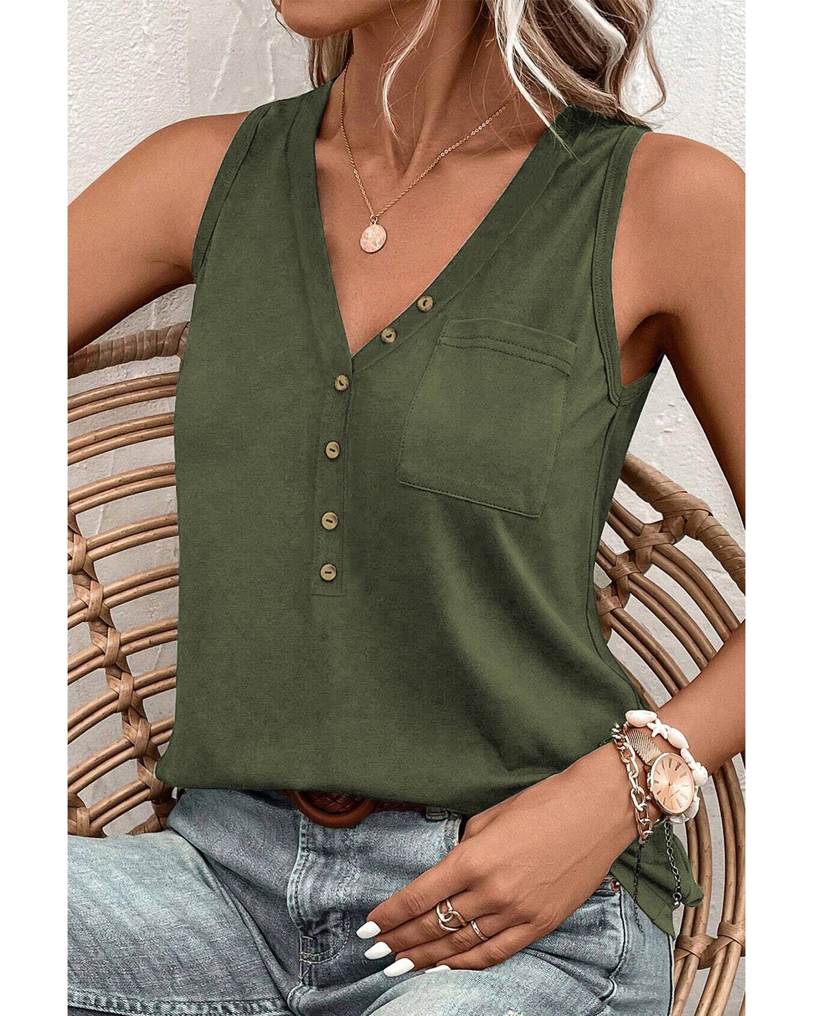 V539-AZEXDC25611484-P609-M-202508270855-00 Jungle Green Half Button V Neck Patched Pocket Tank Top - M - Image 1