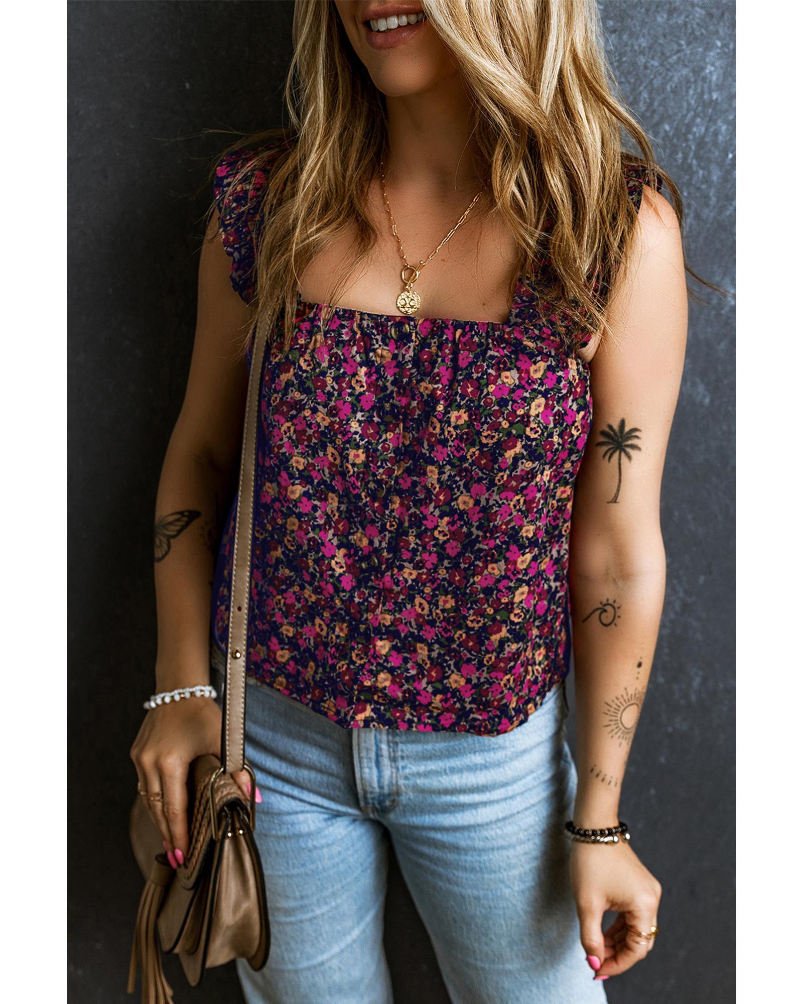 V539-AZEXDC25611681-P620-S-202506131631-00 Rose Boho Frilled Straps Floral Tank Top - S - Image 1