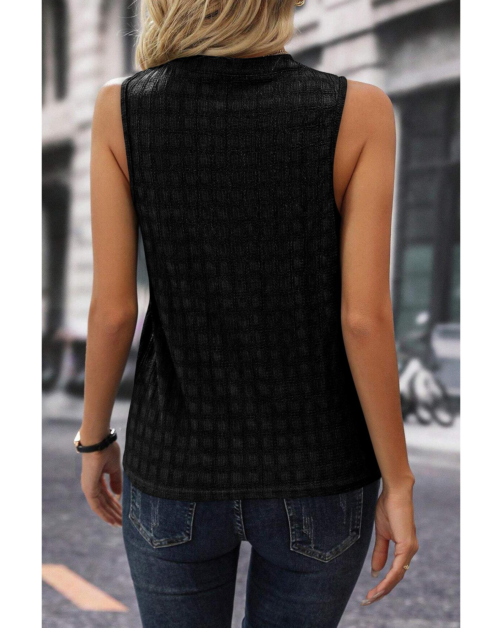 V539-AZEXDC25611705-P2-M-202506131646-00 Black Lattice Textured Split Neck Tank Top - M - Image 1