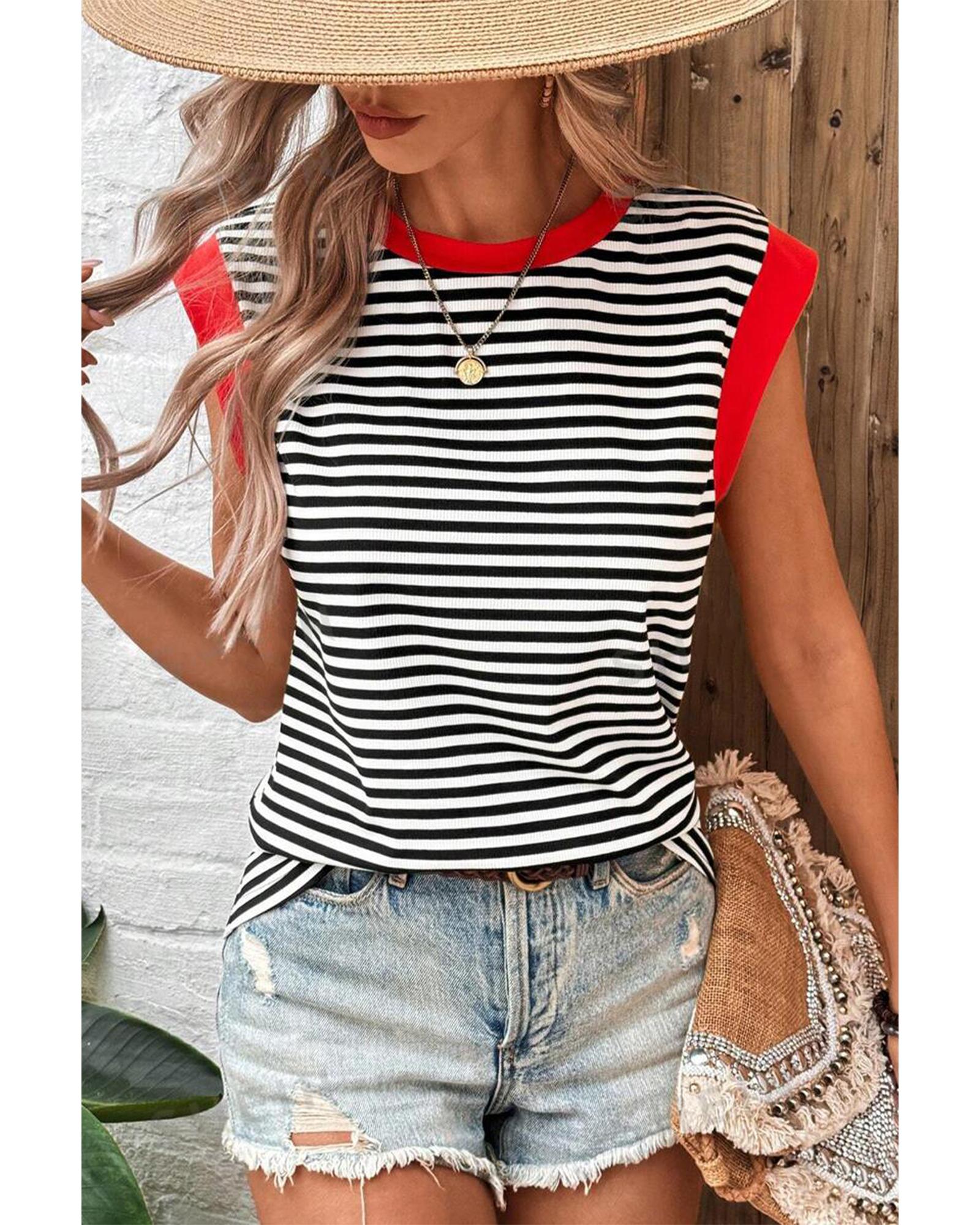 V539-AZEXDC25612358-P219-XL-202508280835-00 Black Stripe Colorblock Edge Round Neck Tank Top - XL - Image 1