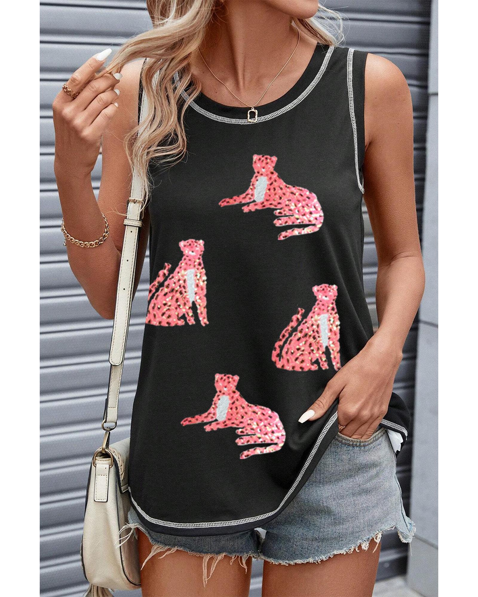 V539-AZEXDC25612409-P2-M-202508282355-00 Black Sequin Cheetah Round Neck Stitching Loose Tank Top - M - Image 1