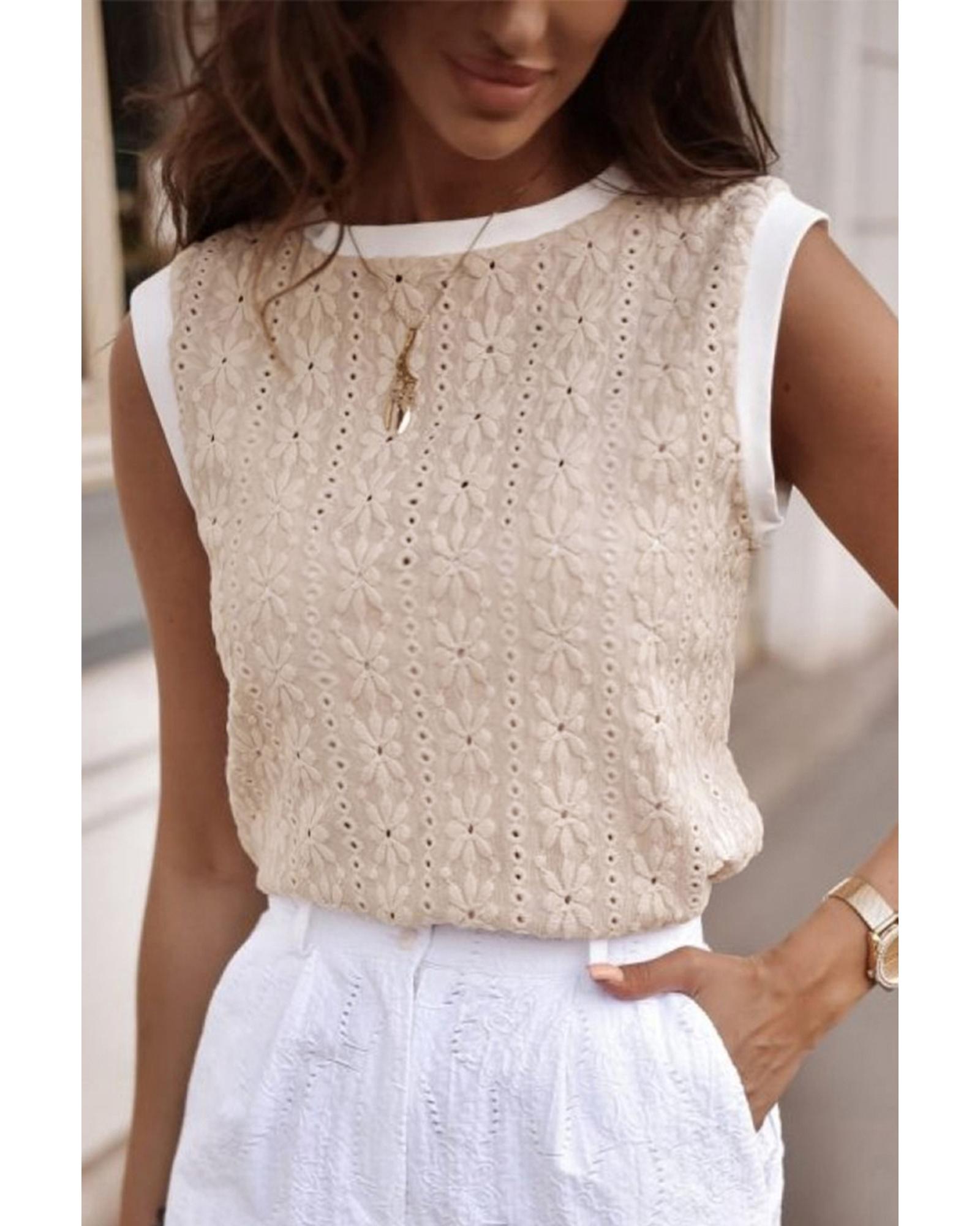 V539-AZEXDC25612466-P1015-M-202508280025-00 Oatmeal Floral Textured Crew Neck Tank Top - M - Image 1