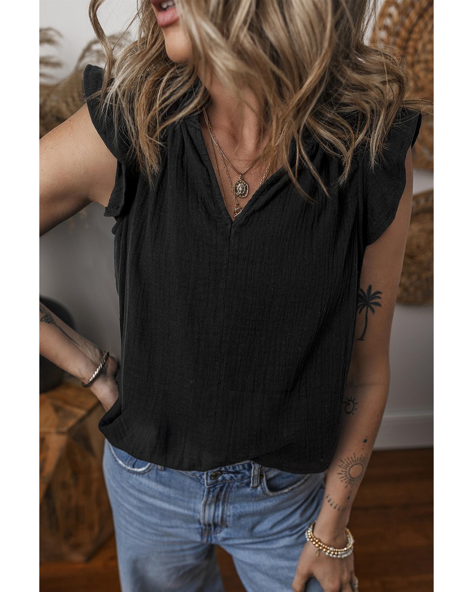 V539-AZEXDC25612486-P2-M-202508281450-00 Black Ruffled Shoulder V Neck Shift Tank Top - M - Image 1